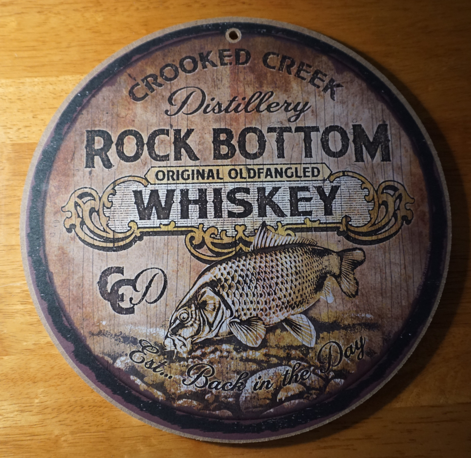Whiskey Barrel Lid Sign – Crooked Creek Distillery Fishing Cabin Lodge Bar Decor Whiskey Barrel Lid Sign – Crooked Creek Distillery Fishing Cabin Lodge Bar Decor