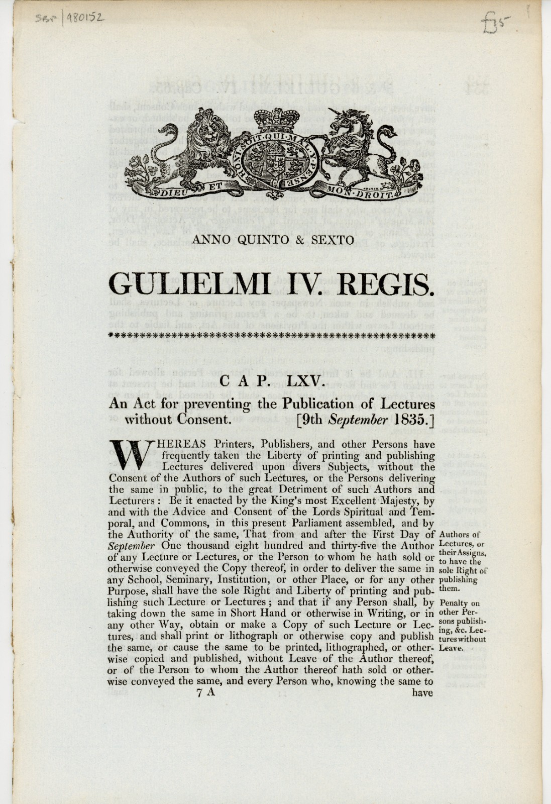 1835 British Act “Publication of Lectures” 5&6 Will IV c65 Folio Document