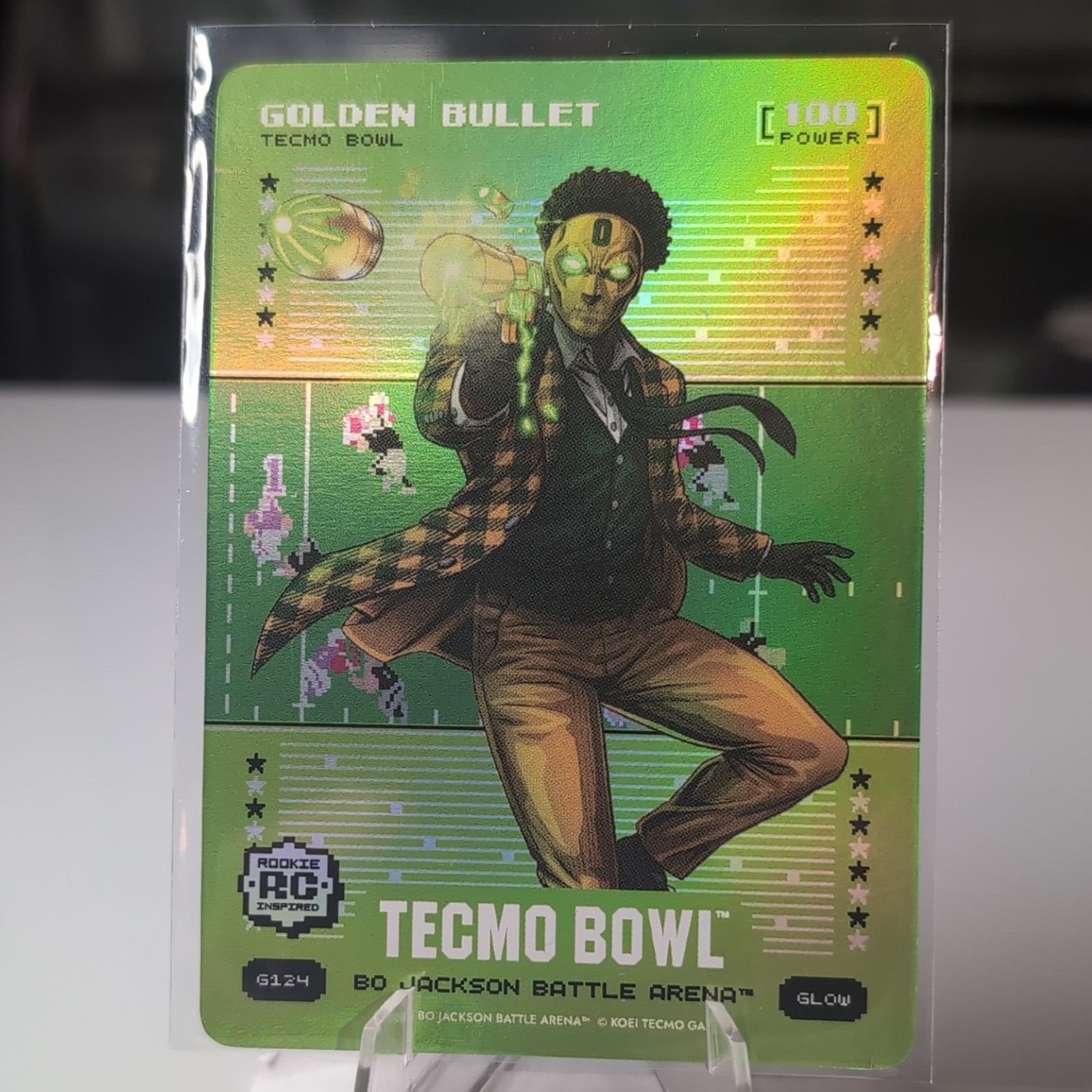 HTN Tecmo Bowl Bo Jackson Battle Arena Golden Bullet G124 Glow Hologram Card HTN Tecmo Bowl Bo Jackson Battle Arena Golden Bullet G124 Glow Hologram Card
