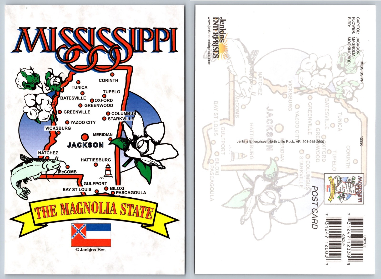 Continental Mississippi Magnolia State Map Postcard Continental Mississippi Magnolia State Map Postcard
