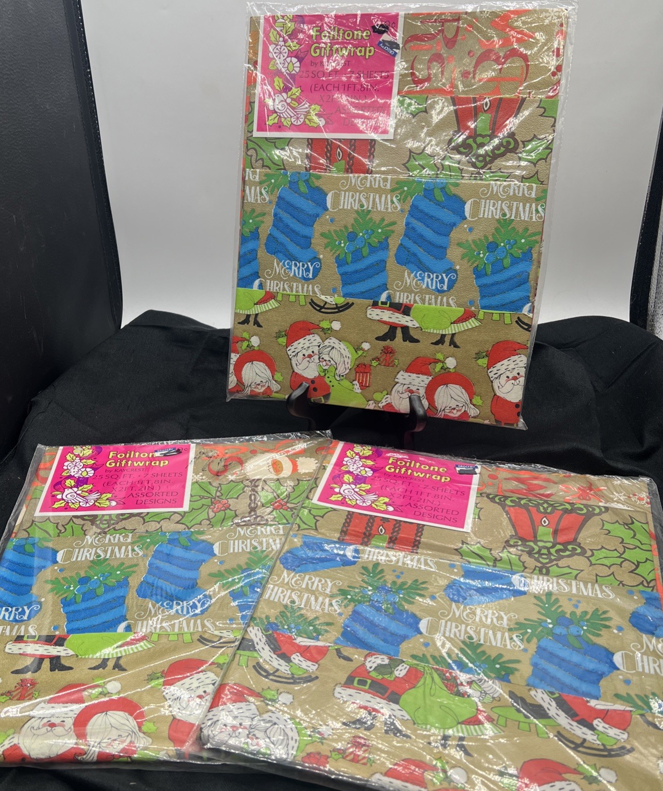 Vintage 1950s Kaycrest Foiltone Giftwrap Christmas Wrapping Paper 3 Packs Foil
