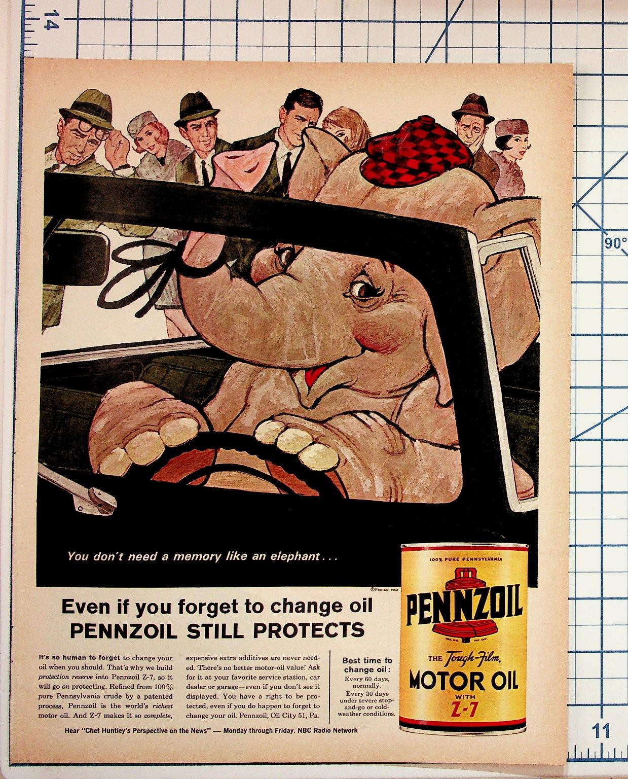 1963 Pennzoil Motor Oil Vintage Print Ad Elephant Driving Car Z-7 Auto