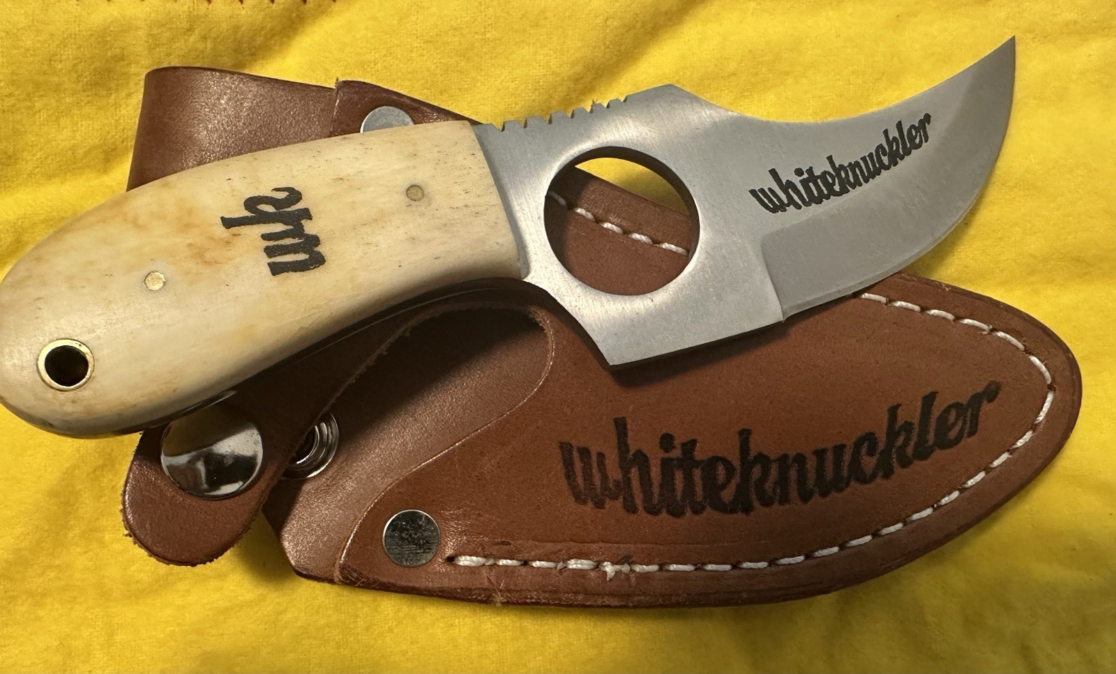 White Knuckler Brand Knife Burnt Bone Handle Leather Original Sheath New