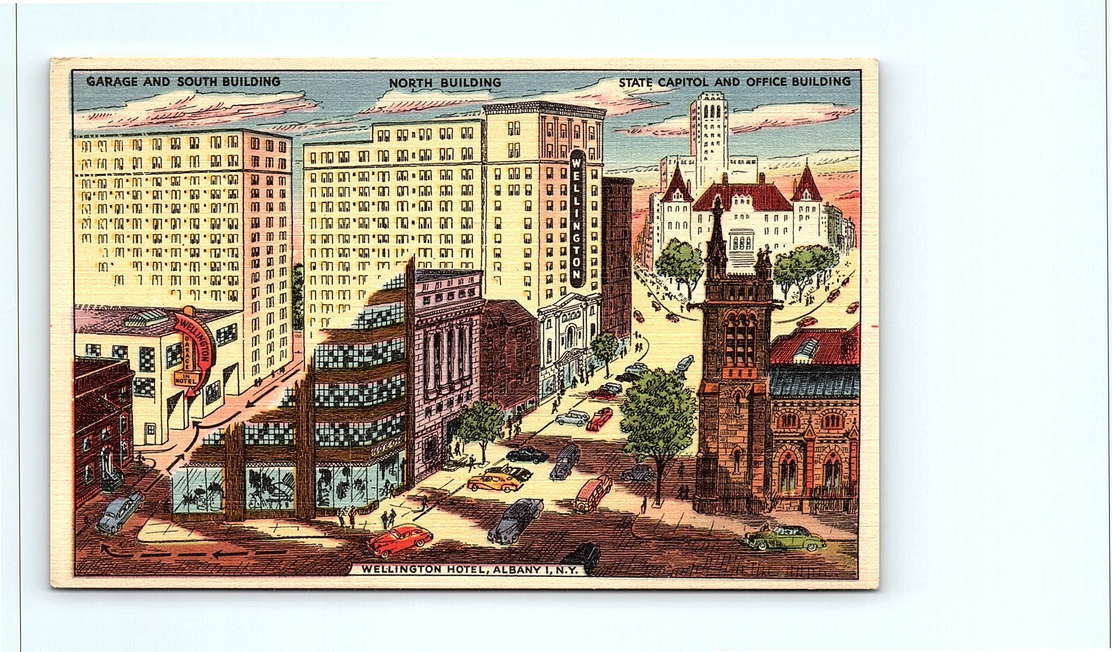 postcard Wellington hotel Albany, N.Y. Garage-south building- State Capital 0328