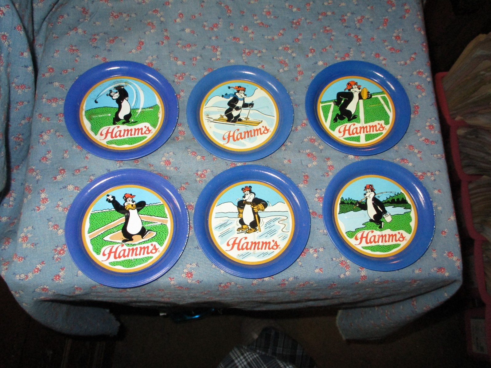 Set of Six Hamm's Beer Metal Coasters Bear Playing Sports 1981