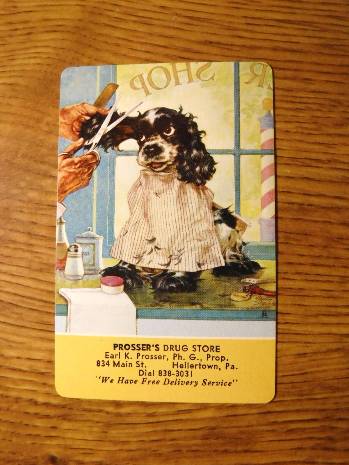 MID 1900'S VINTAGE PLAYING CARD SWAP COUPON BUTCH DOG GETTING HAIR CUT MID 1900'S VINTAGE PLAYING CARD SWAP COUPON BUTCH DOG GETTING HAIR CUT