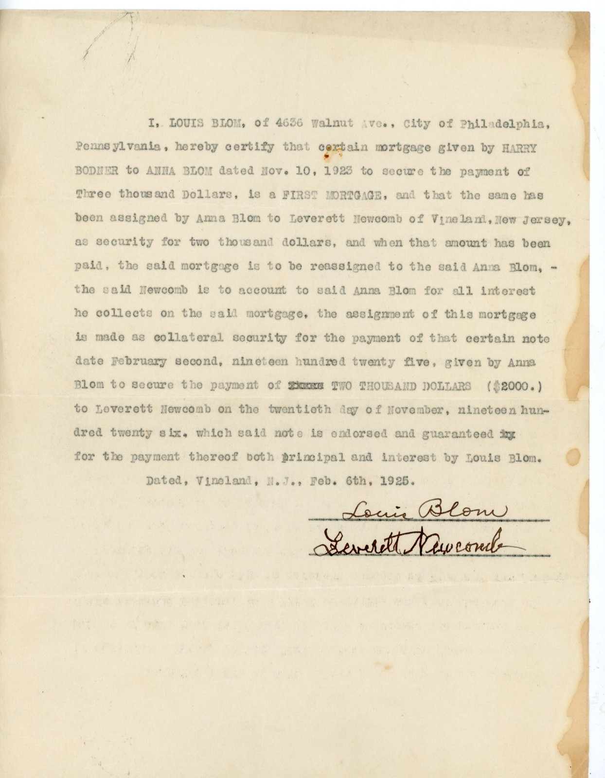 1925 Vineland NJ Document signed by Louis Blom & Leverett Newcomb Note 1925 Vineland NJ Document signed by Louis Blom & Leverett Newcomb Note