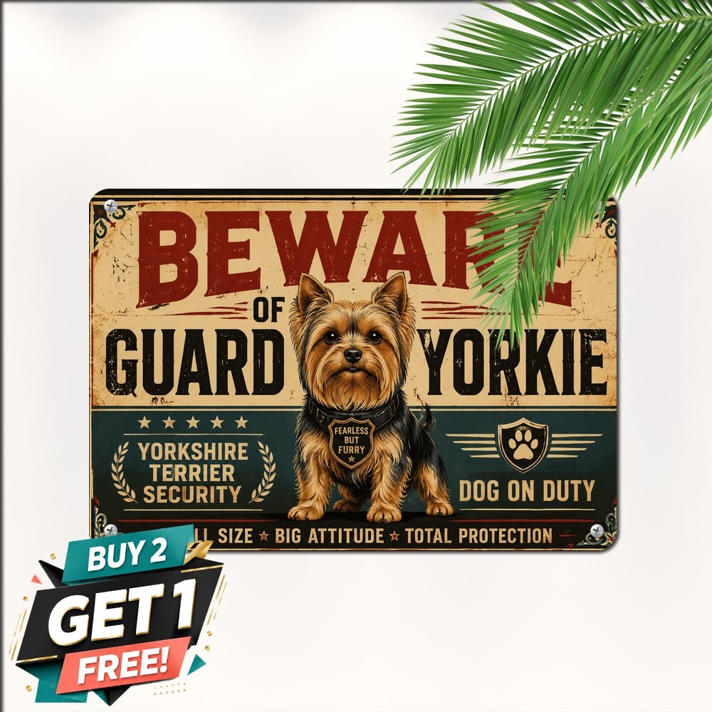 Beware Guard Yorkie Yorkshire Terrier On Active Duty Security Metal Tin Sign Art