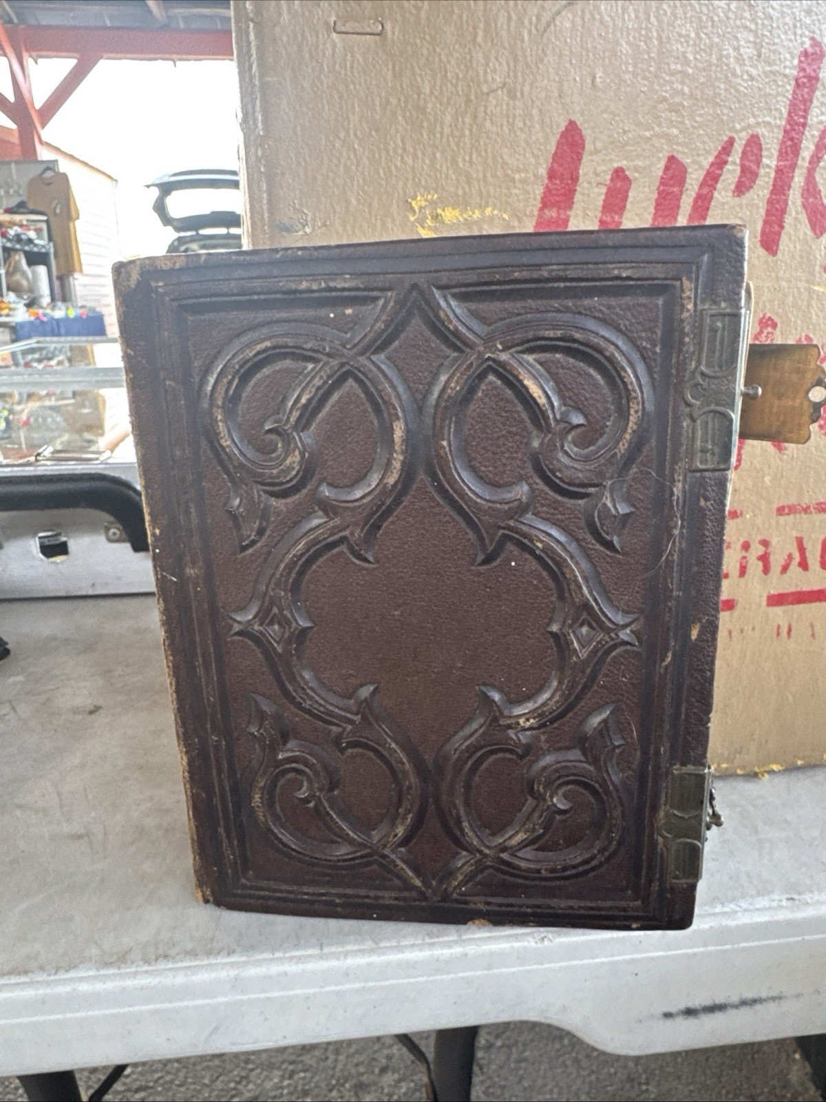 Antique Victorian Leather Photo Album Metal Clasp Cabinet Cards Ornate Cover