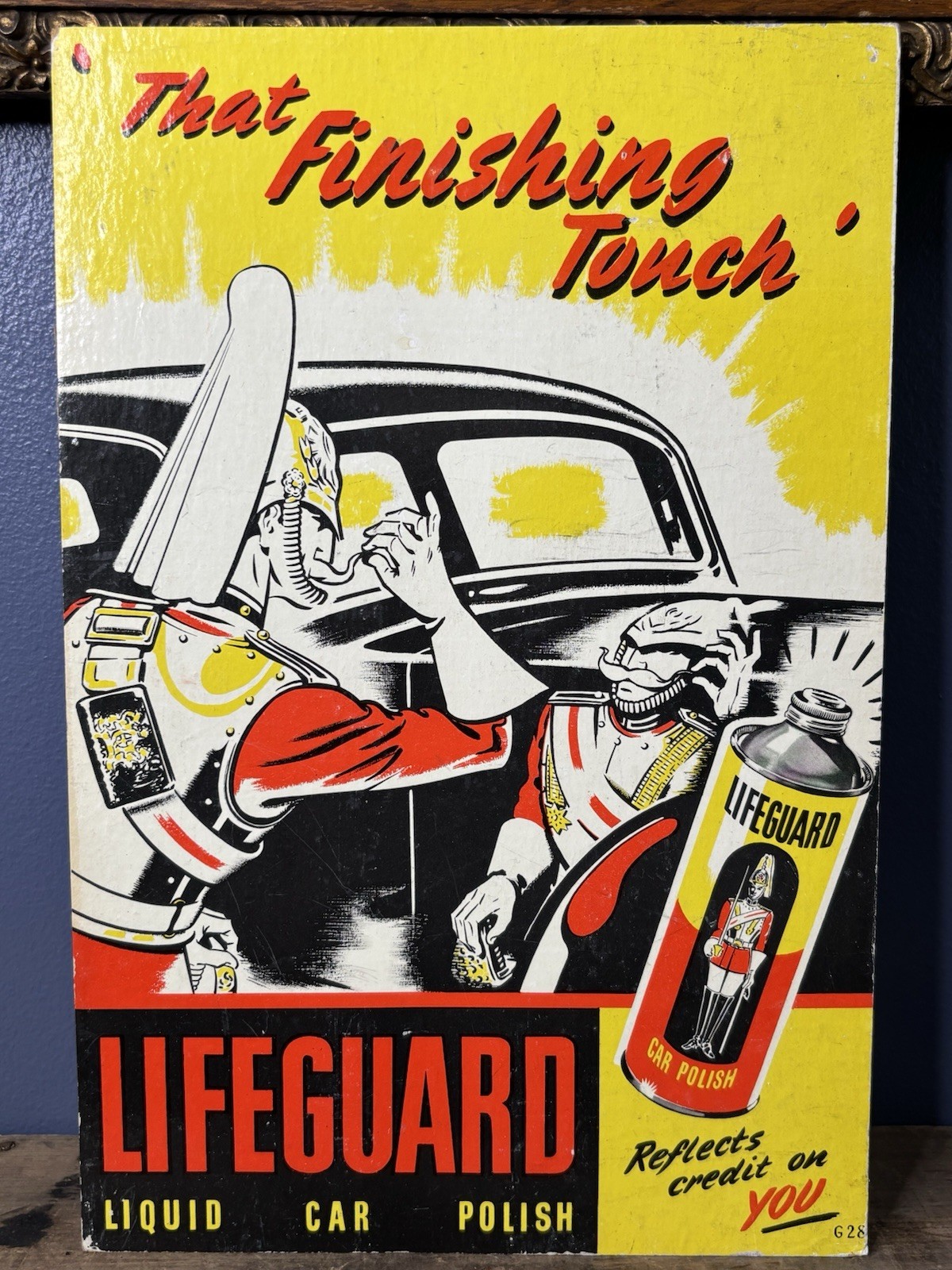 Vintage Original Graphic Lifeguard Automobile Polish Easel Back Display Sign Oil