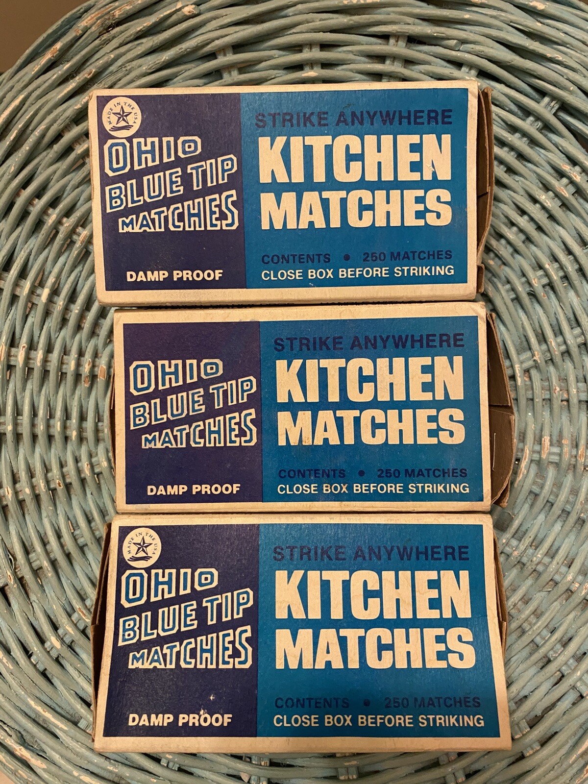 3 boxes Ohio Blue Tip kitchen Matches Strike on Box damp proof Vintage open boxs