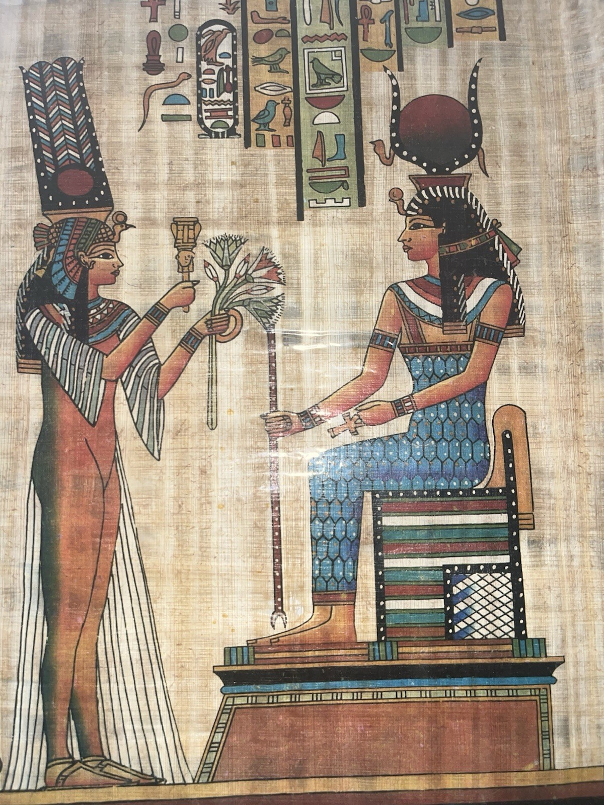 Egyptian Papyrus Art Print 12x16 Queen Offering Flowers To Goddess Hathor-