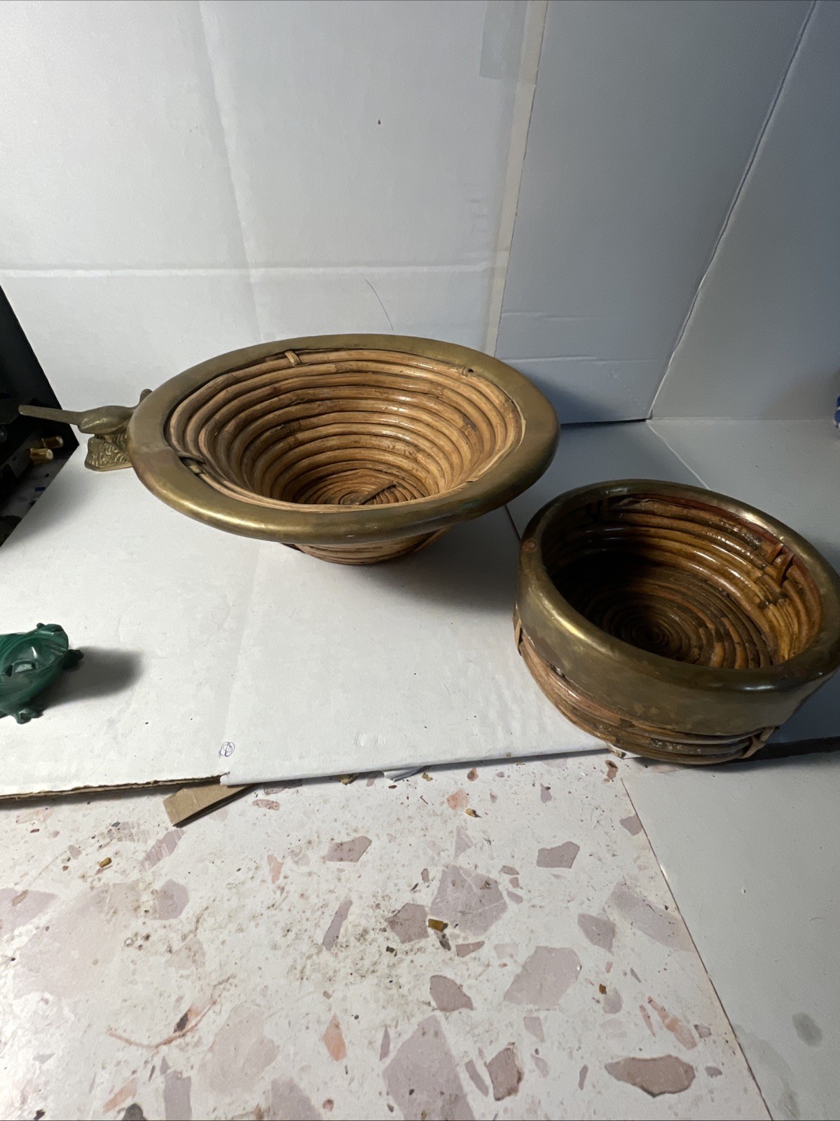 Vintage Gabriella Crespi Style Pencil Reed Rattan Brass Nesting Bowls Set Vintage Gabriella Crespi Style Pencil Reed Rattan Brass Nesting Bowls Set