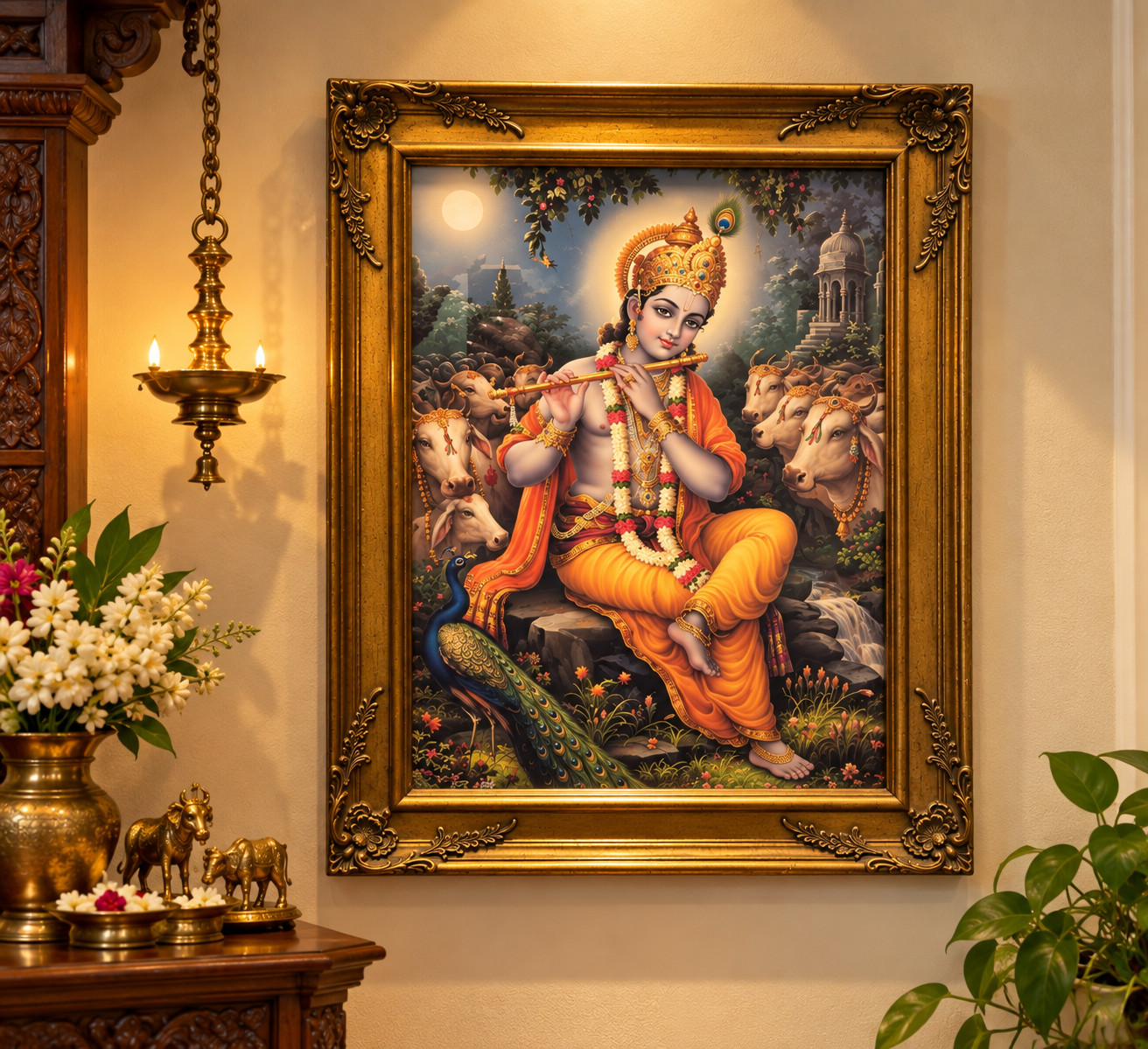 Large Framed Krishna Playing Flute Art Painting Hindu Spiritual Wall Decoration