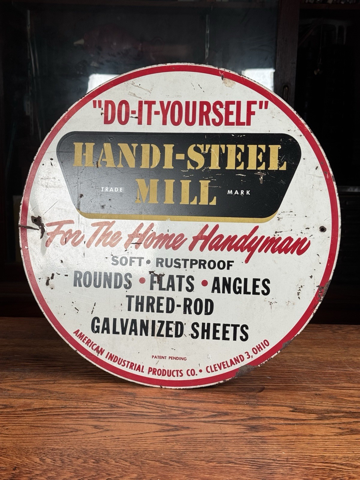 Vintage Handi-Steel Mill Round Metal Sign American Industrial Products 1950s Vintage Handi-Steel Mill Round Metal Sign American Industrial Products 1950s