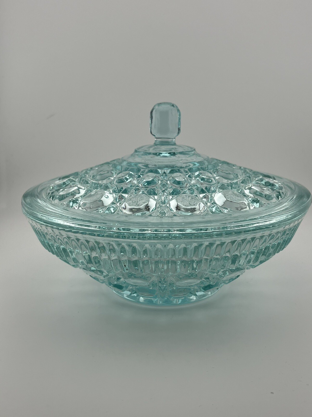 Vintage Indiana Glass Windsor Candy Dish Bowl With Lid Teal Aqua Blue 7.5 inch