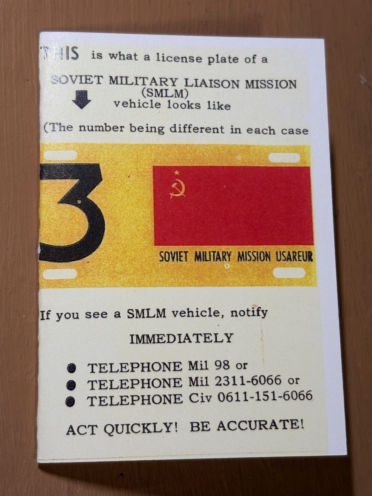 Cold War USAEUR SMLM (Soviet Military Liaison Mission) Card Cold War USAEUR SMLM (Soviet Military Liaison Mission) Card
