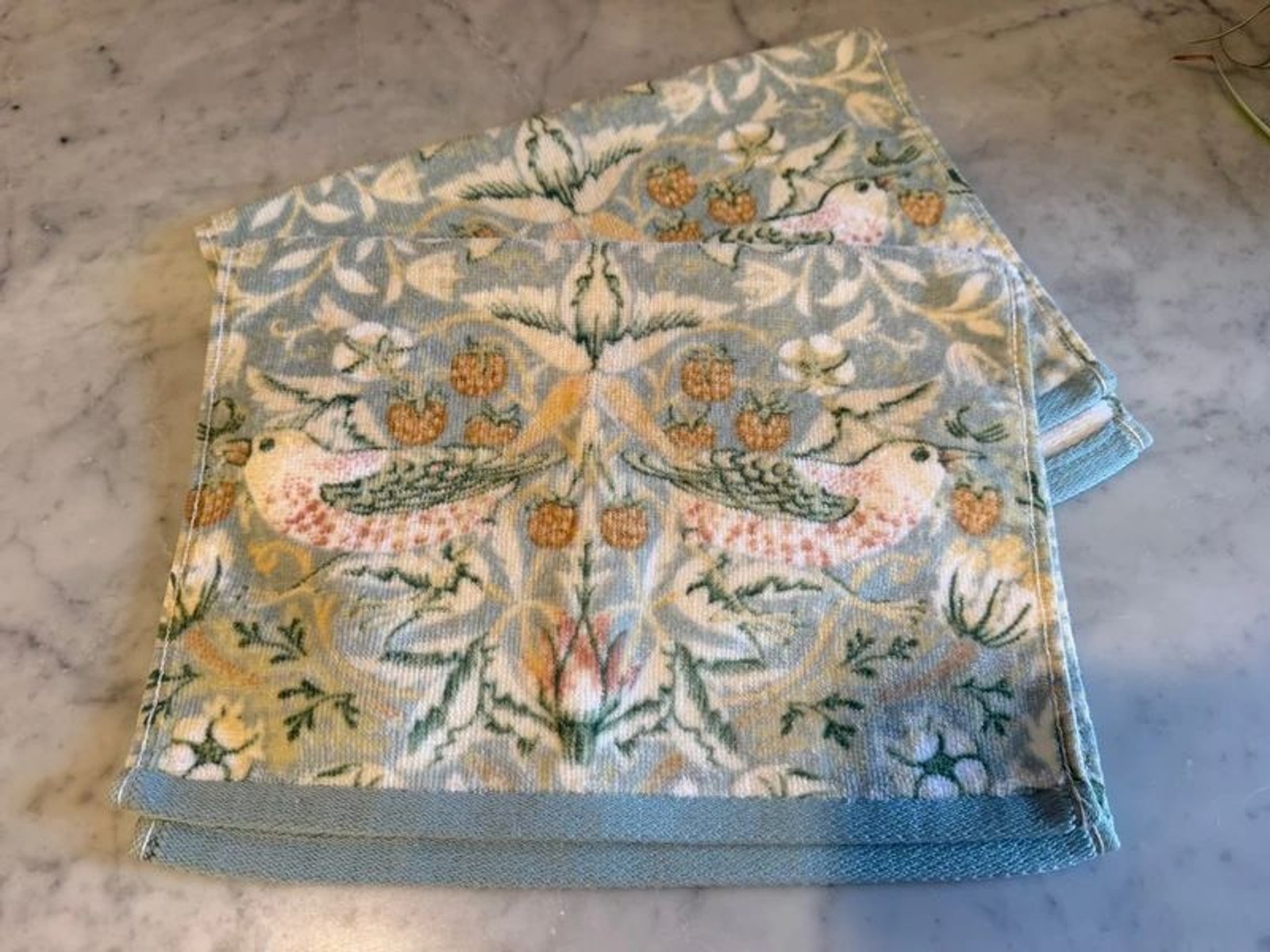Set of William Morris Strawberry Thief Bird Velour Hand Towels Sage Green Muted