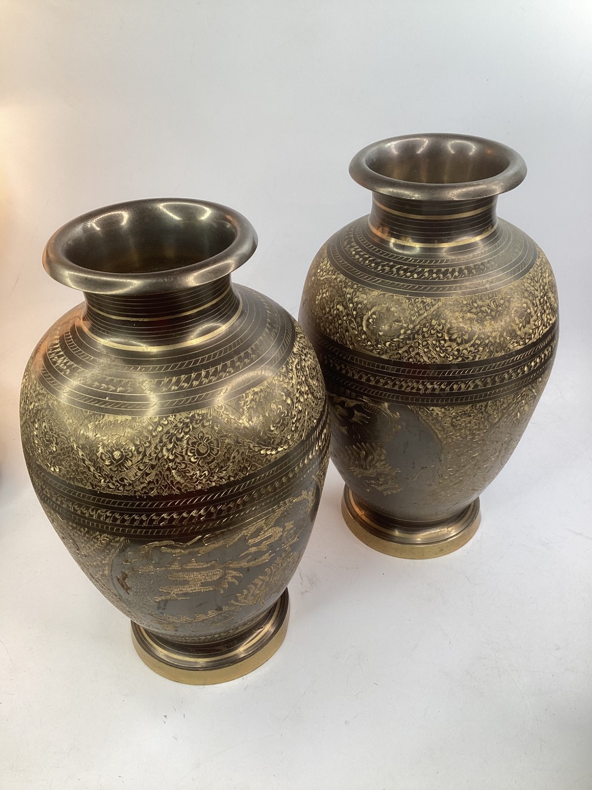 Vintage Pair Of Chinese Etched Dragon Brass 14.5” Vases (K6)