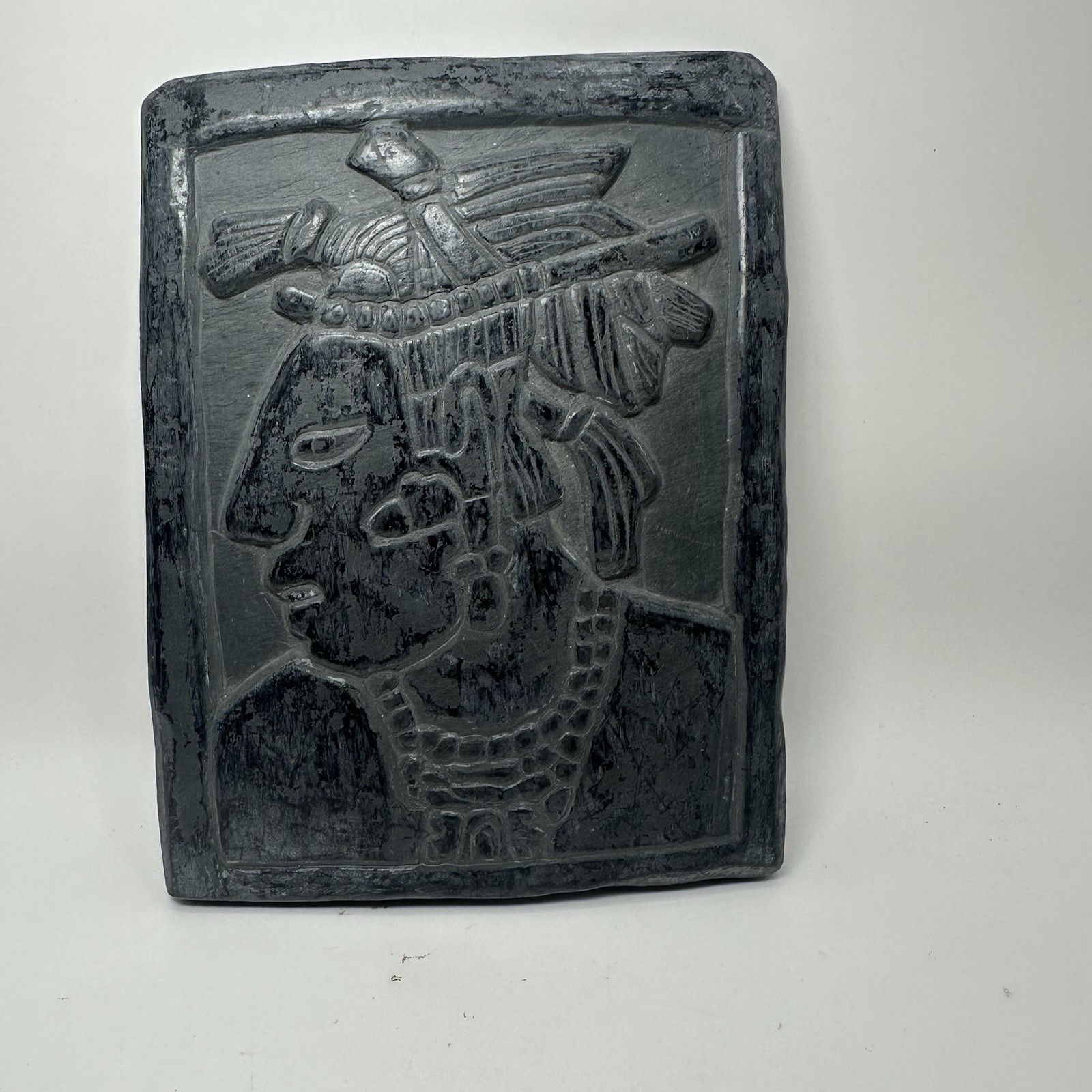 Vintage Hand Carved Slate Plaque Mayan Relief Scene Saying on Back 6\