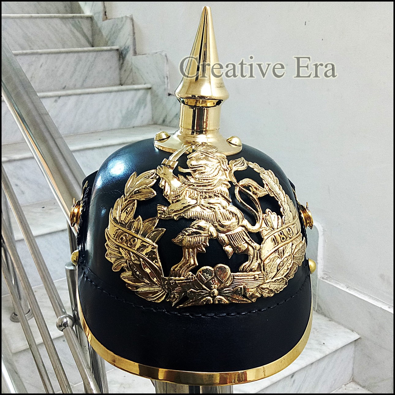 GERMAN PICKELHAUBE Solid brass Bawarian HELMET IMPERIAL OFFICER’S Leather Helmet