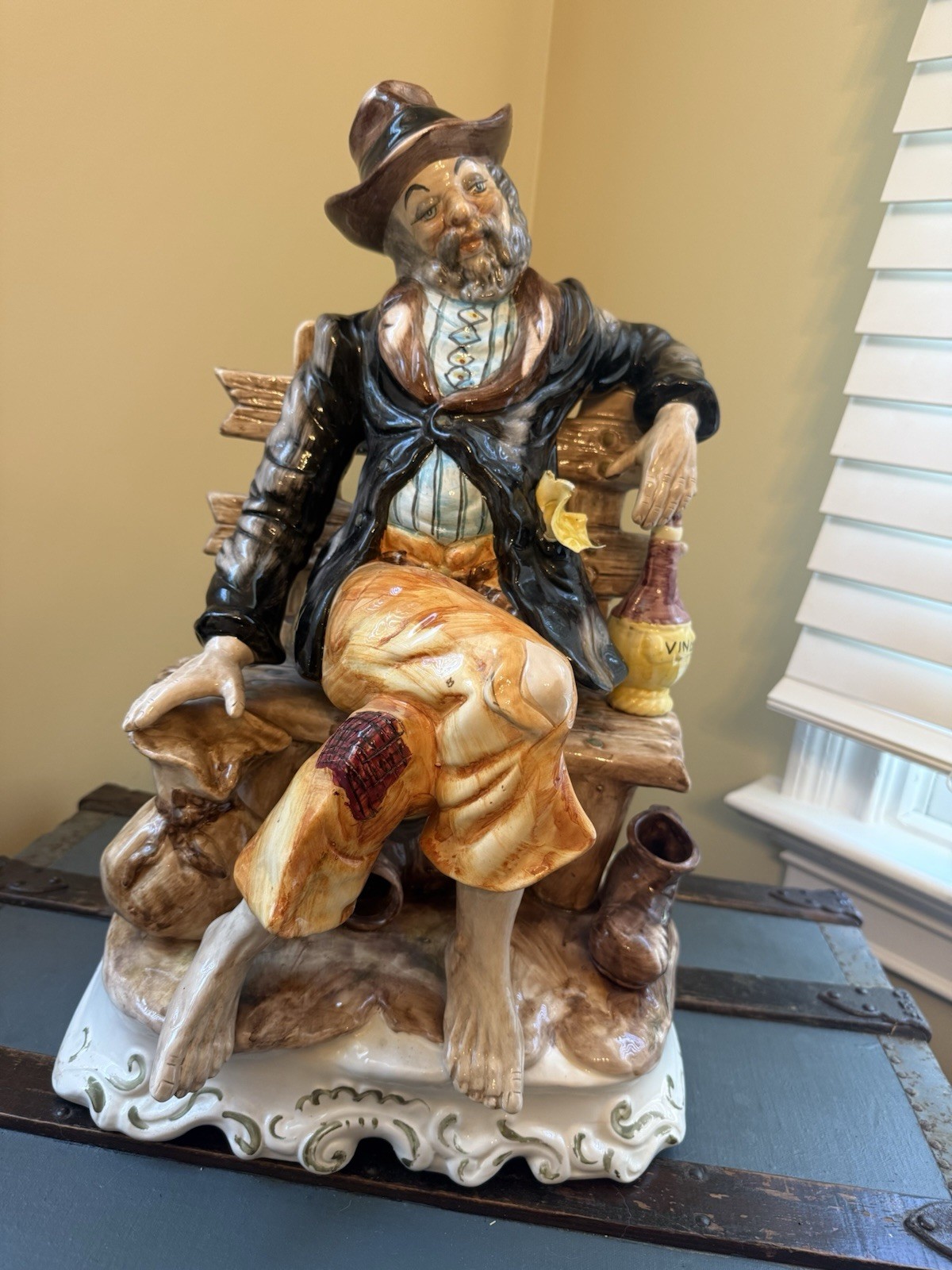 Vintage Capodimonte Hobo / Tramp Traveling on Bench Resting Rare 18” Large Heavy