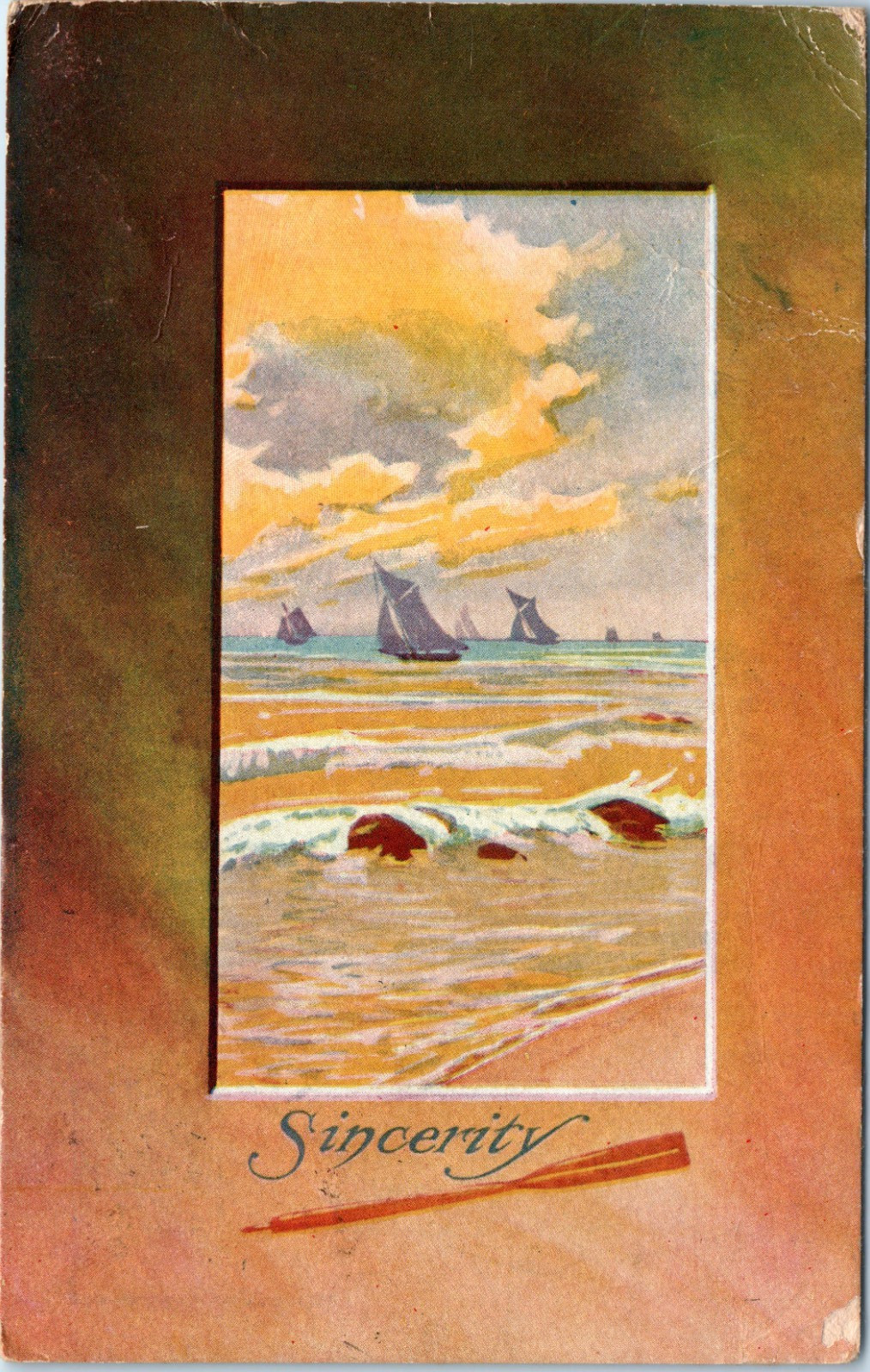 Vintage Postcard Sunrise Seascape Boats Artistic Framed Design