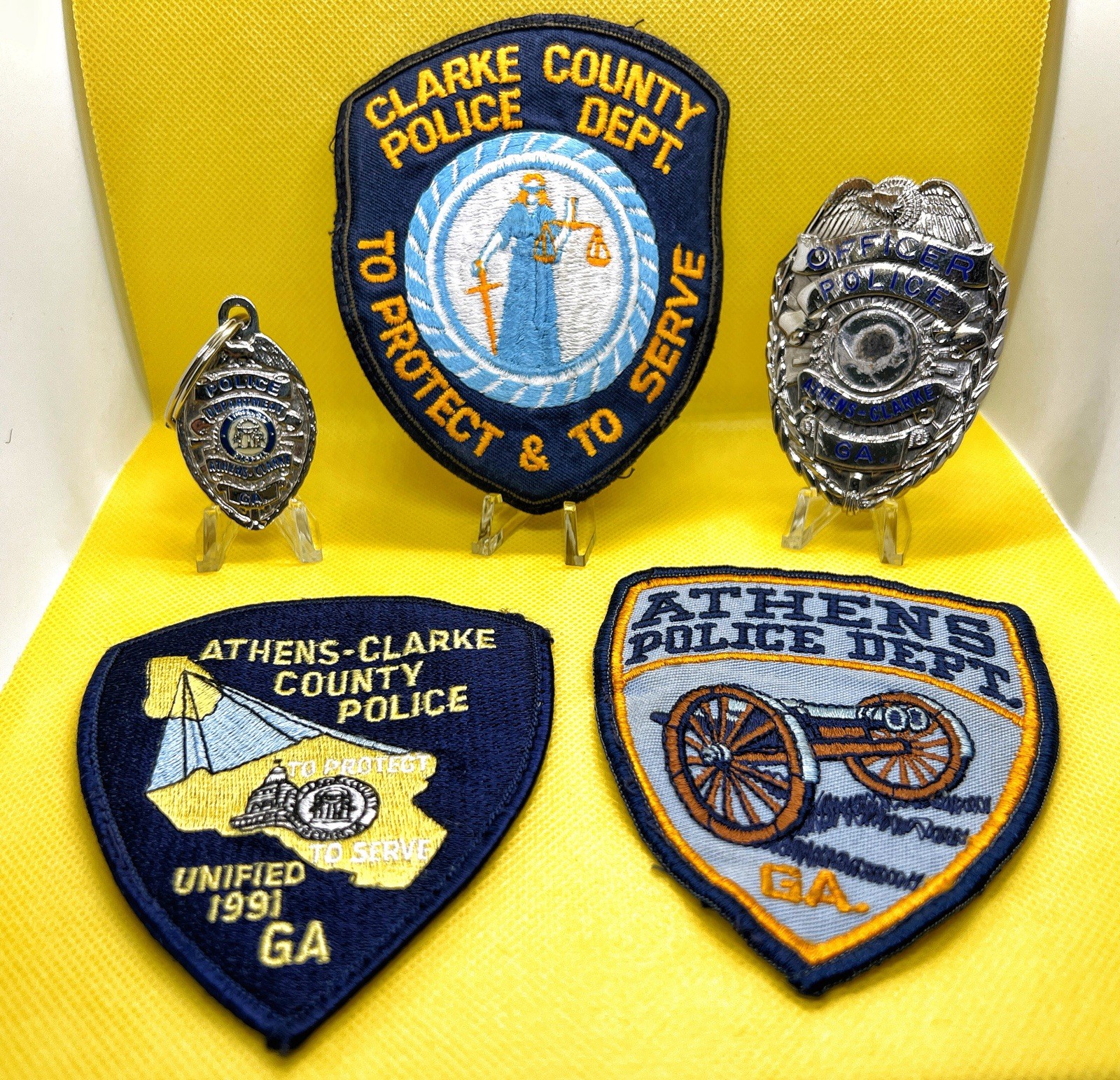 Vintage Athens-Clarke Co GA 3 Patch Police Keychain & Damaged Obsolete Badge B3