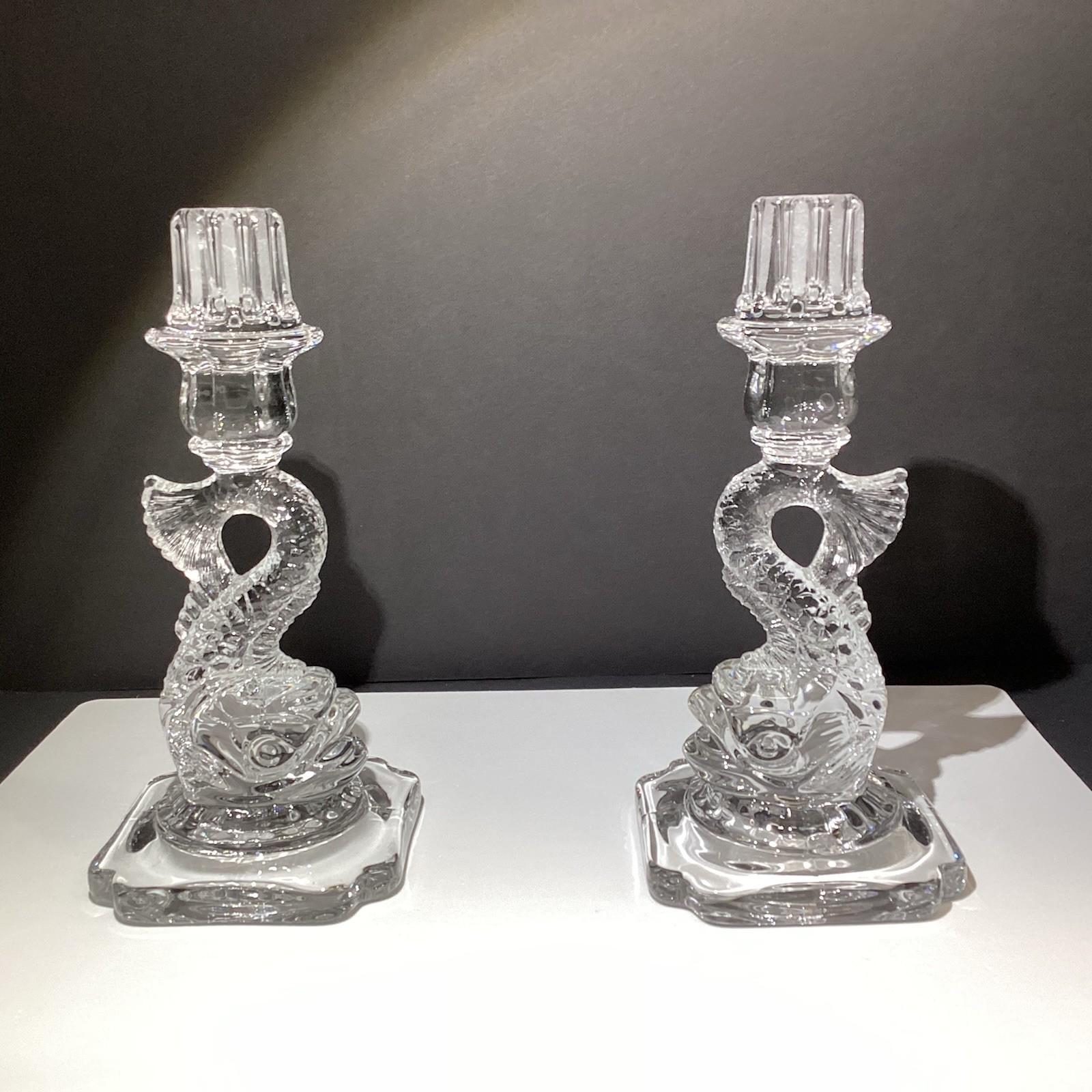 Rare VTG Cambridge 1612 clear glass dolphin Fish candlesticks Rare VTG Cambridge 1612 clear glass dolphin Fish candlesticks