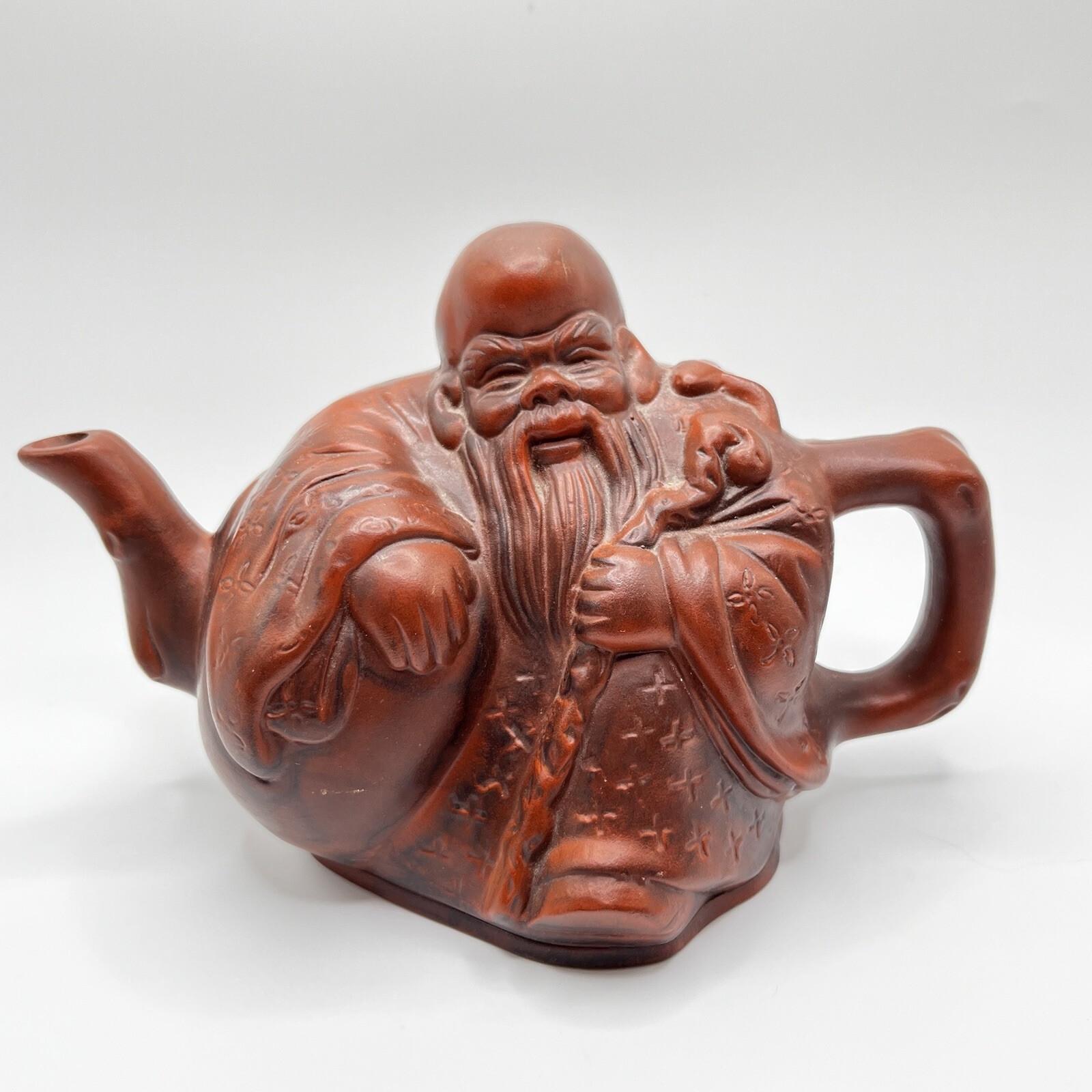 Rare Vintage Chinese Yixing Red Clay Pottery Shou Lao Cadogan Teapot 4” Tall