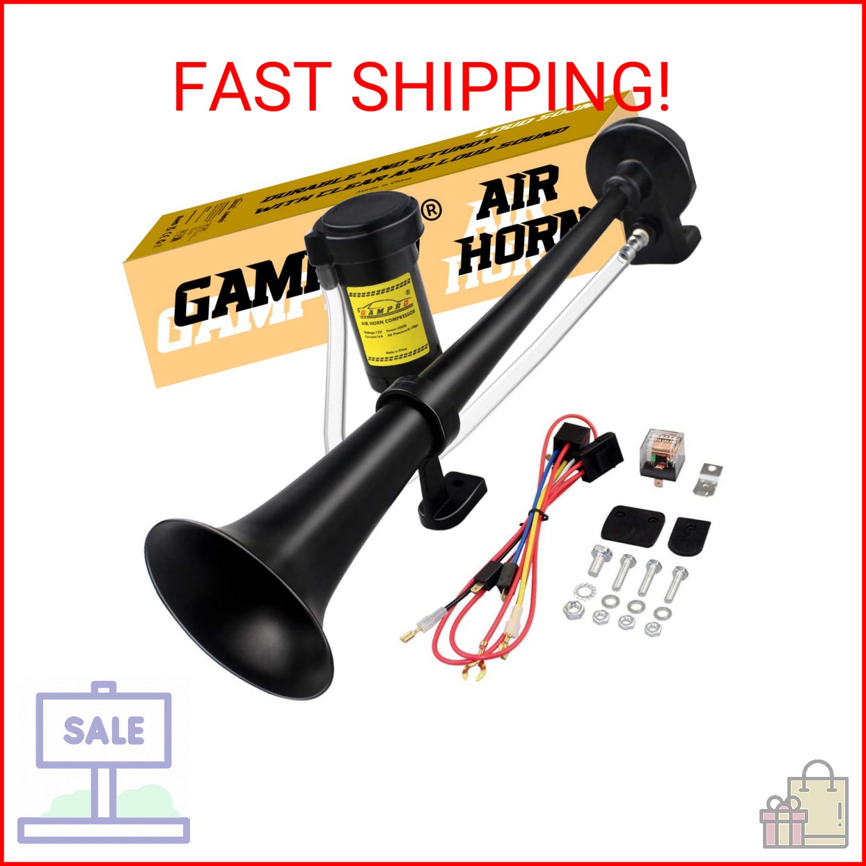 GAMPRO 12V 150dB Air Horn, 18Inch Chrome Zinc Single Trumpet Truck Horn with Com GAMPRO 12V 150dB Air Horn, 18Inch Chrome Zinc Single Trumpet Truck Horn with Com