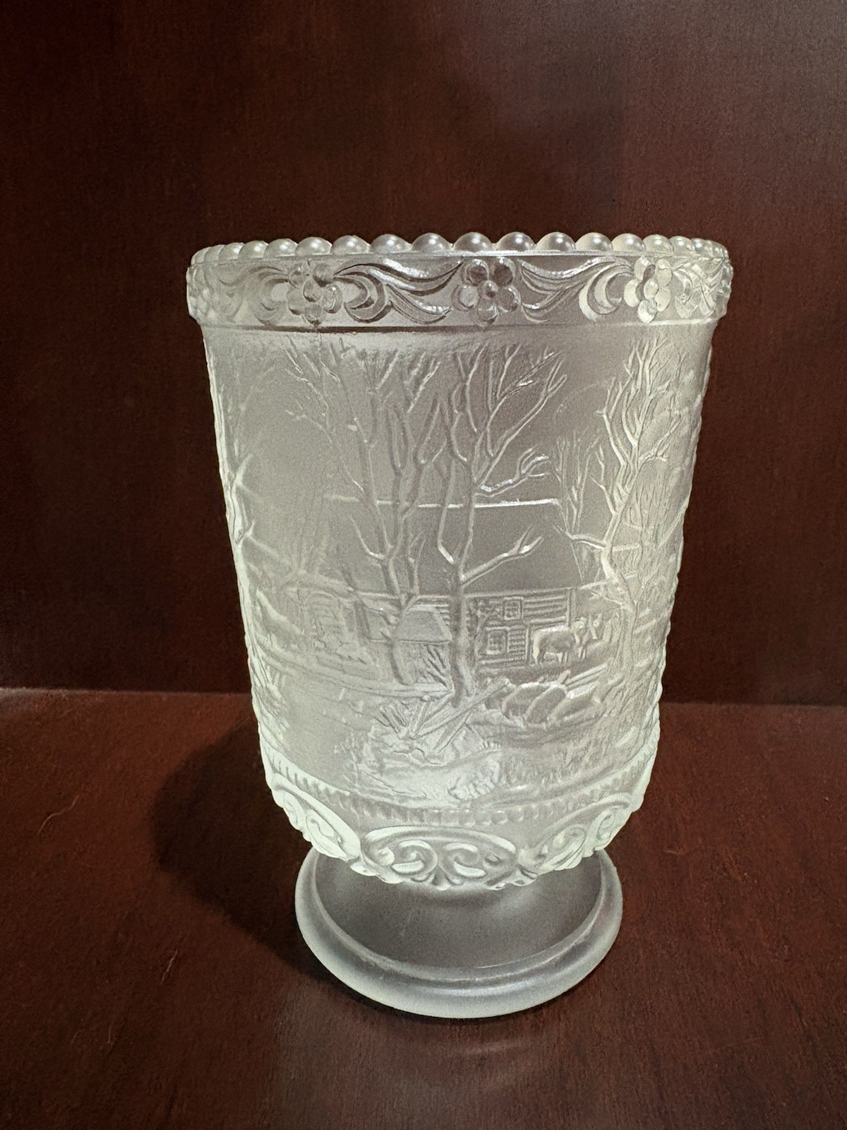 Fenton Currier and Ives Winter in The Country Crystal Satin  Glass Vase No Flaws