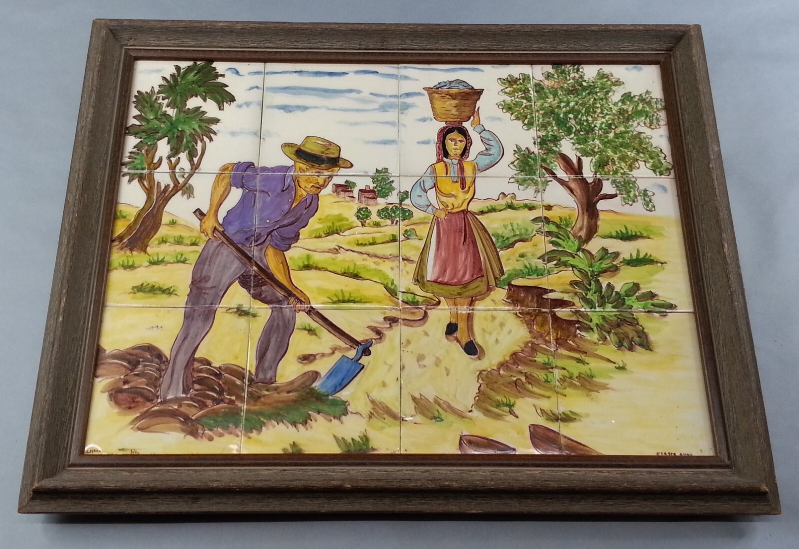 Vtg  Lisbon Portugal  Mosaic Tile Art Flasta Anna Wood Frame Heavy Weight Signed