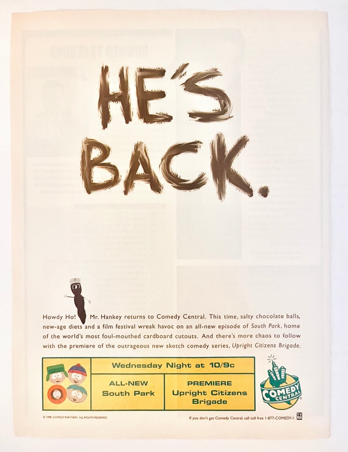 Vtg South Park Mr. Hankey Print Ad UCB Comedy Central - 8x11 Vtg South Park Mr. Hankey Print Ad UCB Comedy Central - 8x11