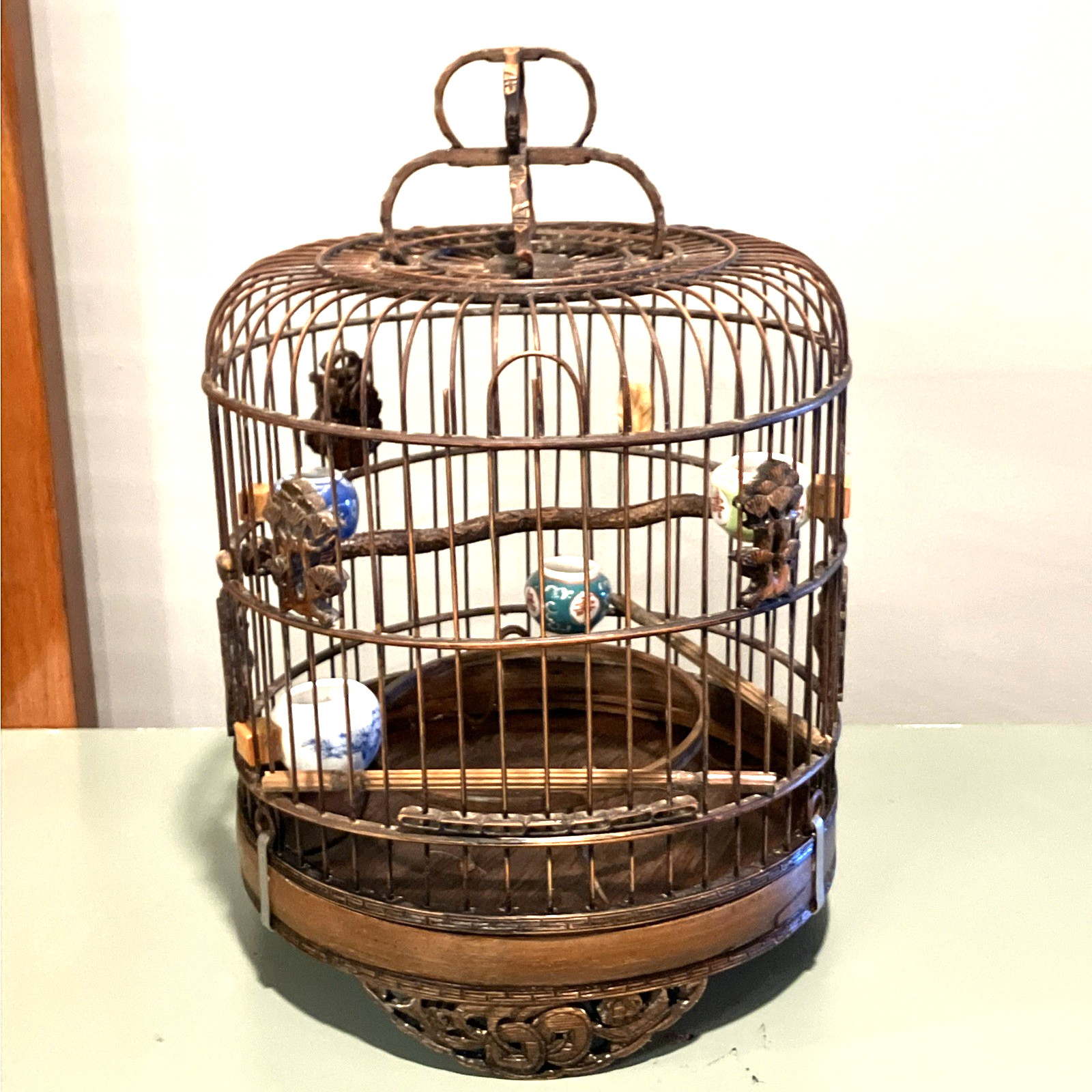 Antique Vintage Chinese Carved Bamboo Bird Cage- Porcelain Feeders NICE Antique Vintage Chinese Carved Bamboo Bird Cage- Porcelain Feeders NICE