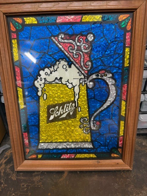 Vintage 1960's SCHLITZ BEER Faux Stained Glass MIRROR SIGN Tavern Framed Picture
