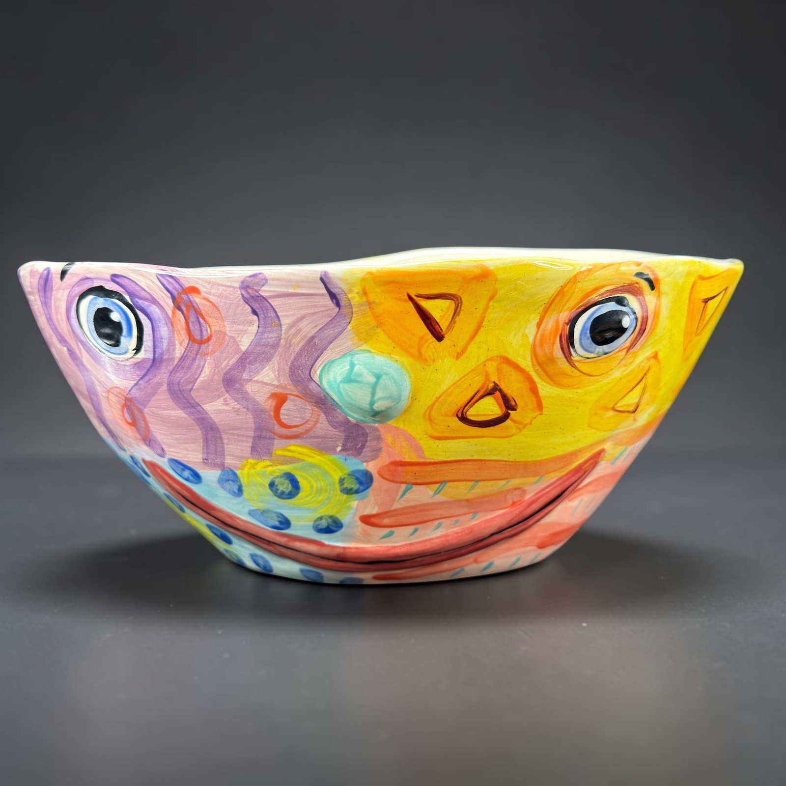 Laurel Izard Edwin Shelton Large Studio Art Pottery Abstract Face Bowl 14in