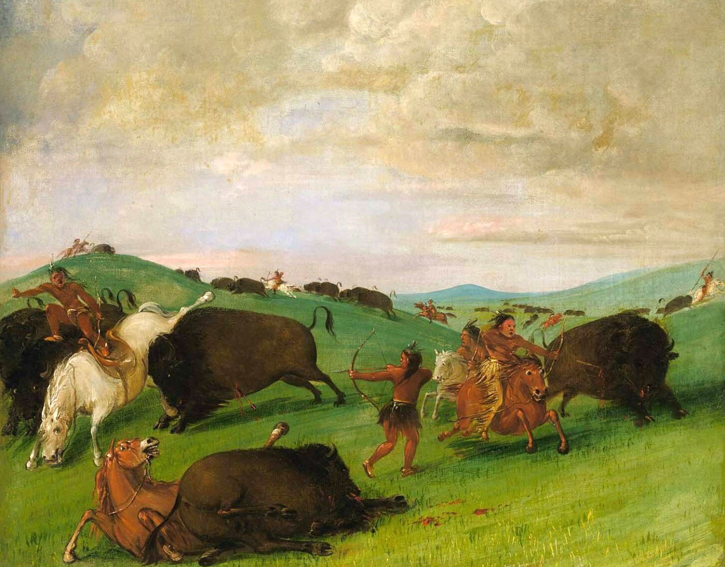Oil painting George-Catlin-Buffalo-Chase-Bulls-Making-Battle-with-Men-and-Horses