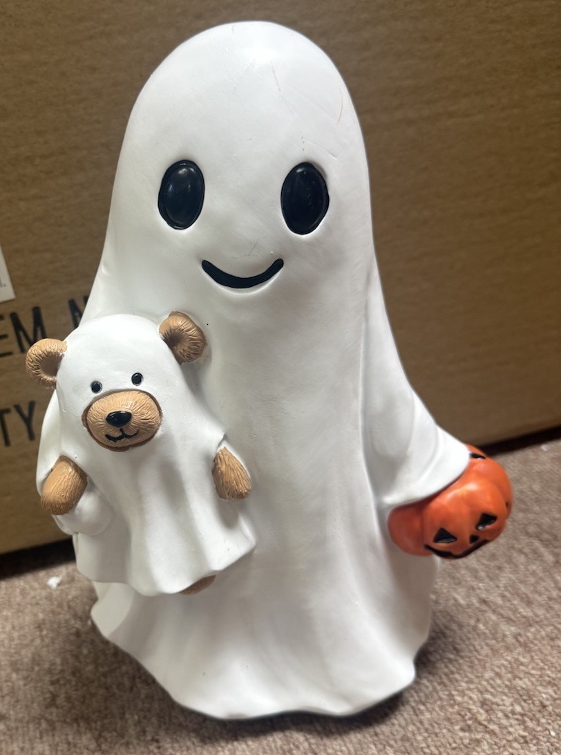 Halloween Ghost Figurine Holding Teddy Bear & Jack-O-Lantern 7.5in Resin 3D Halloween Ghost Figurine Holding Teddy Bear & Jack-O-Lantern 7.5in Resin 3D