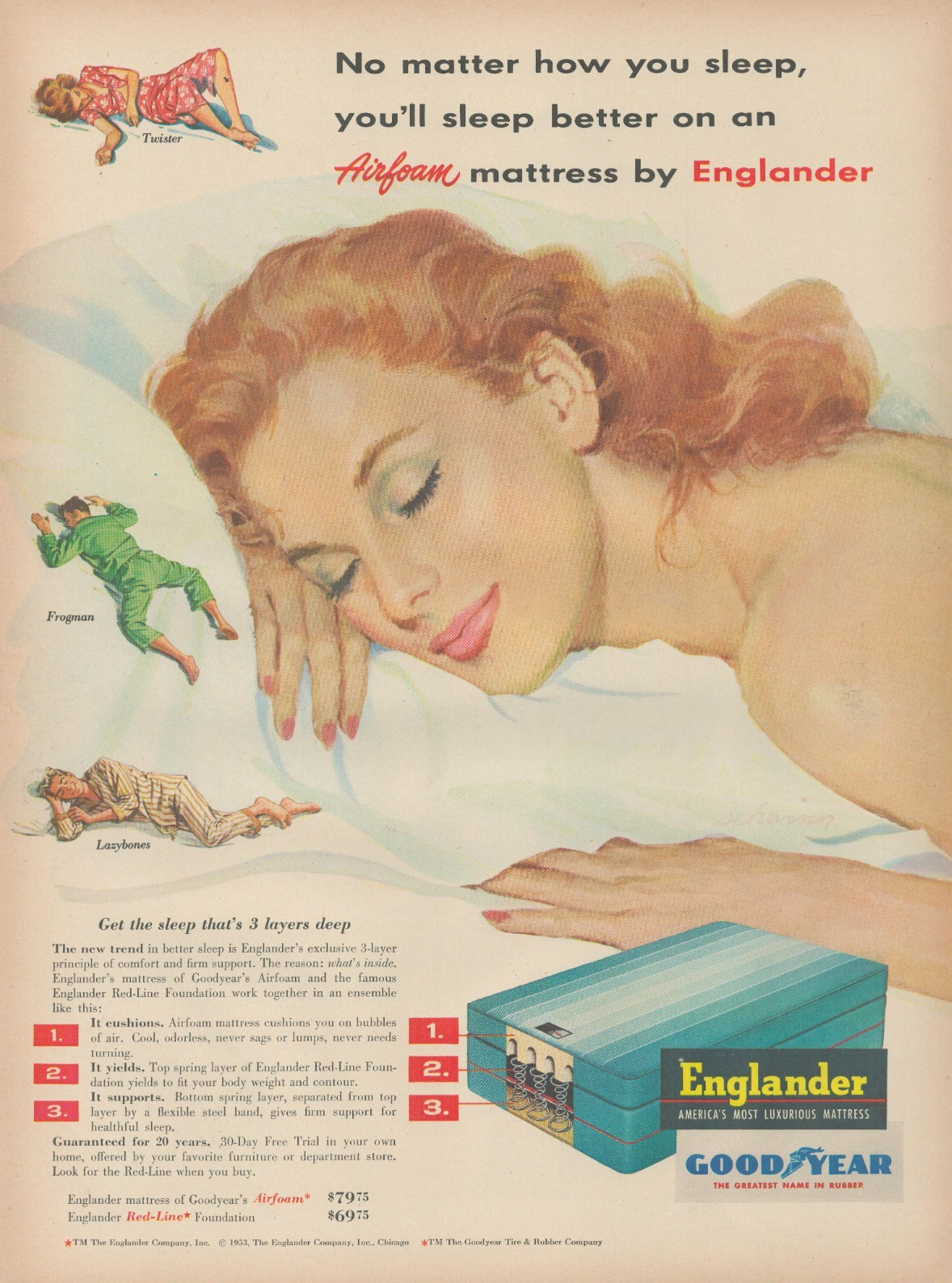 1953 Englander America\'s Most Luxurious Mattress Pretty Red Headed Lady Print Ad