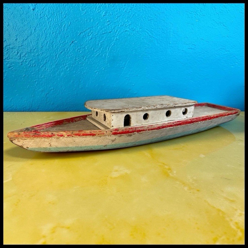 Antique 1920s Folk Art Wooden Boat Primitive Model Ship Nautical Decor 24\