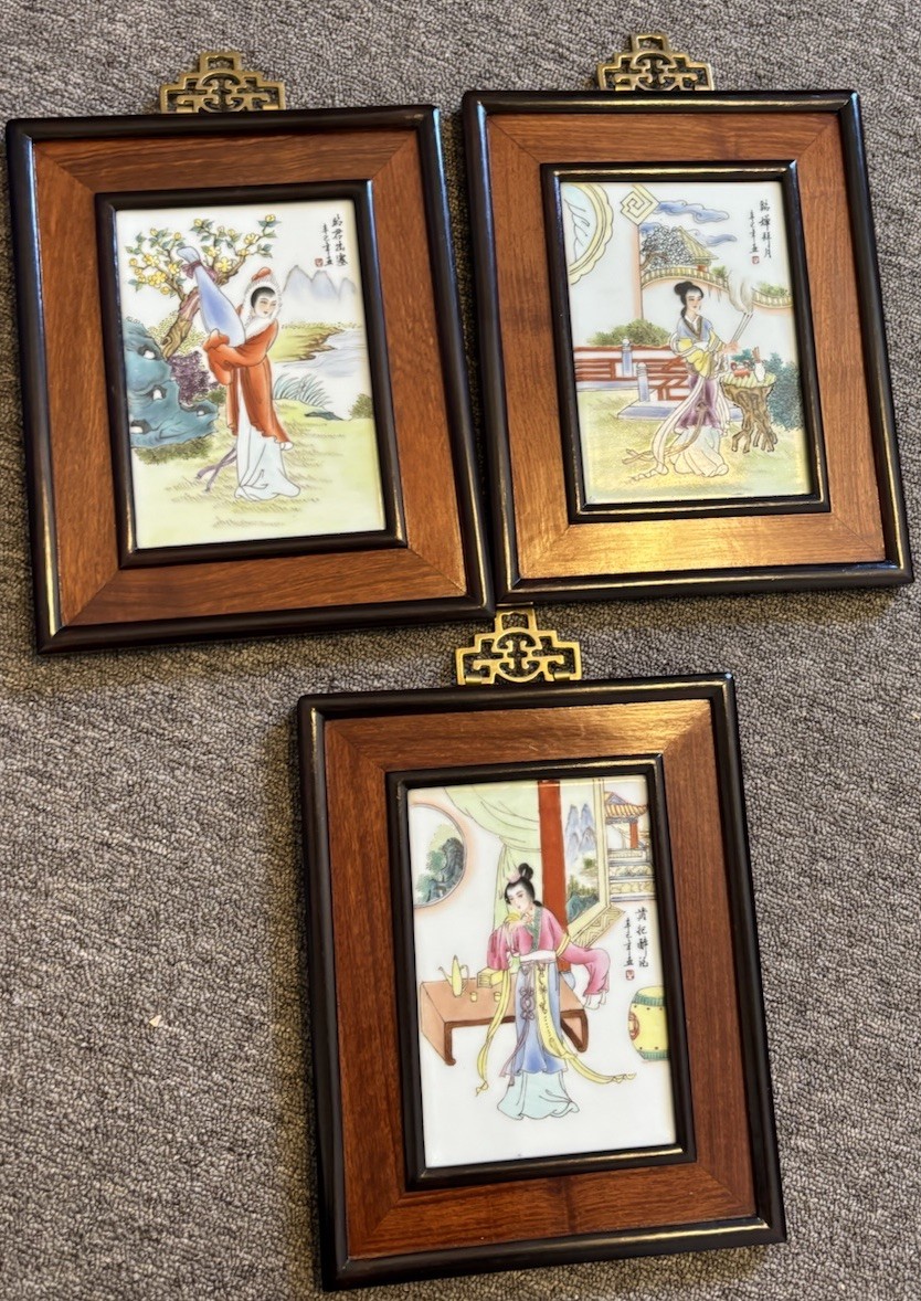 Vintage Chinese Painted Porcelain Art Plaque In Wood Frame Set Of 3 Beautiful 