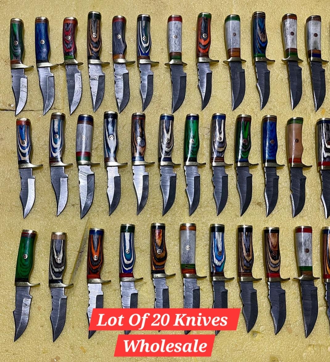 Set of 20 HANDMADE DAMASCUS STEEL HUNTING KNIVES 6inch W LEATHER SHEATH WHOLSALE