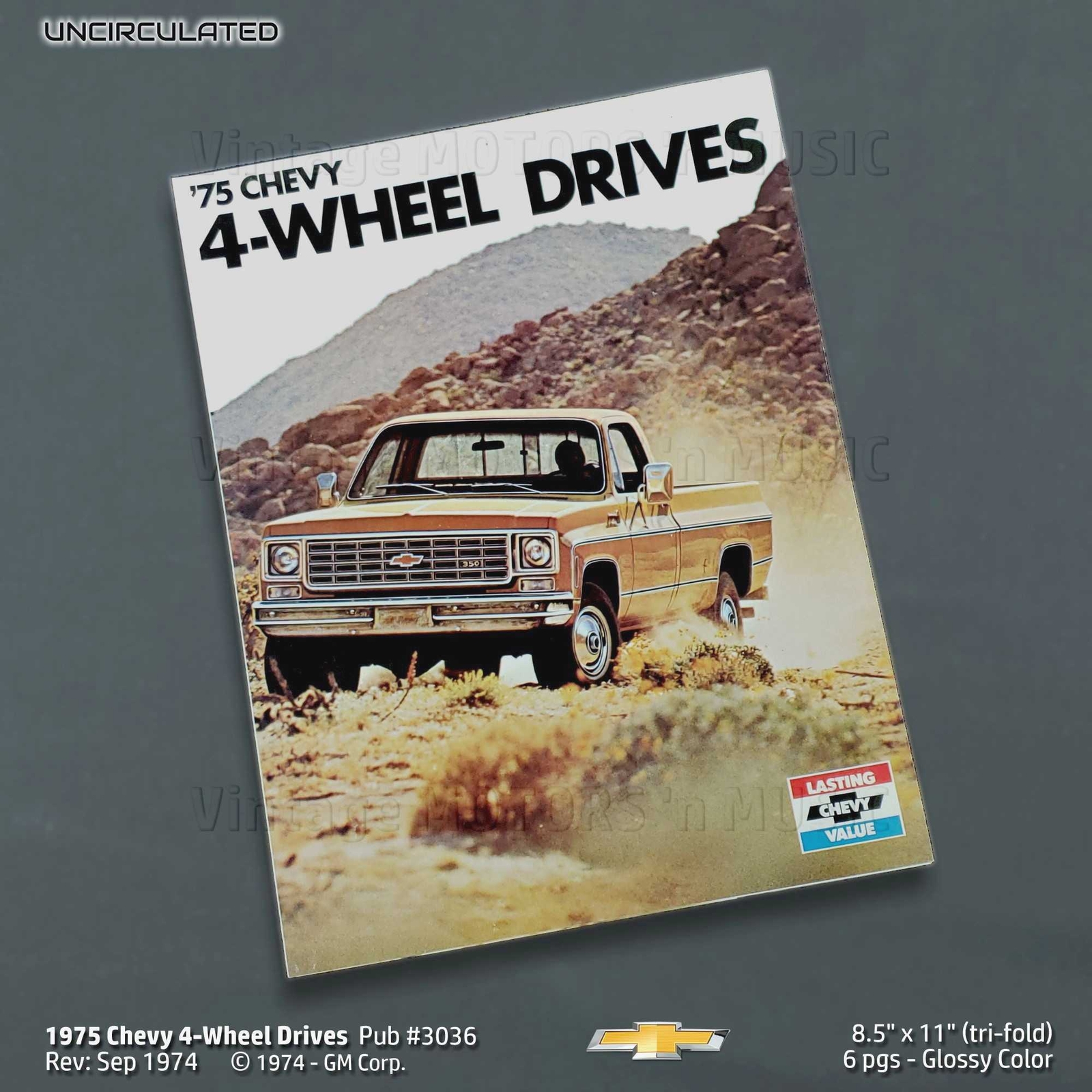 UNCIRCULATED 1975 Chevrolet 4-WHEEL DRIVE TRUCKS 6-pg Brochure #3036 Rev: 9/74