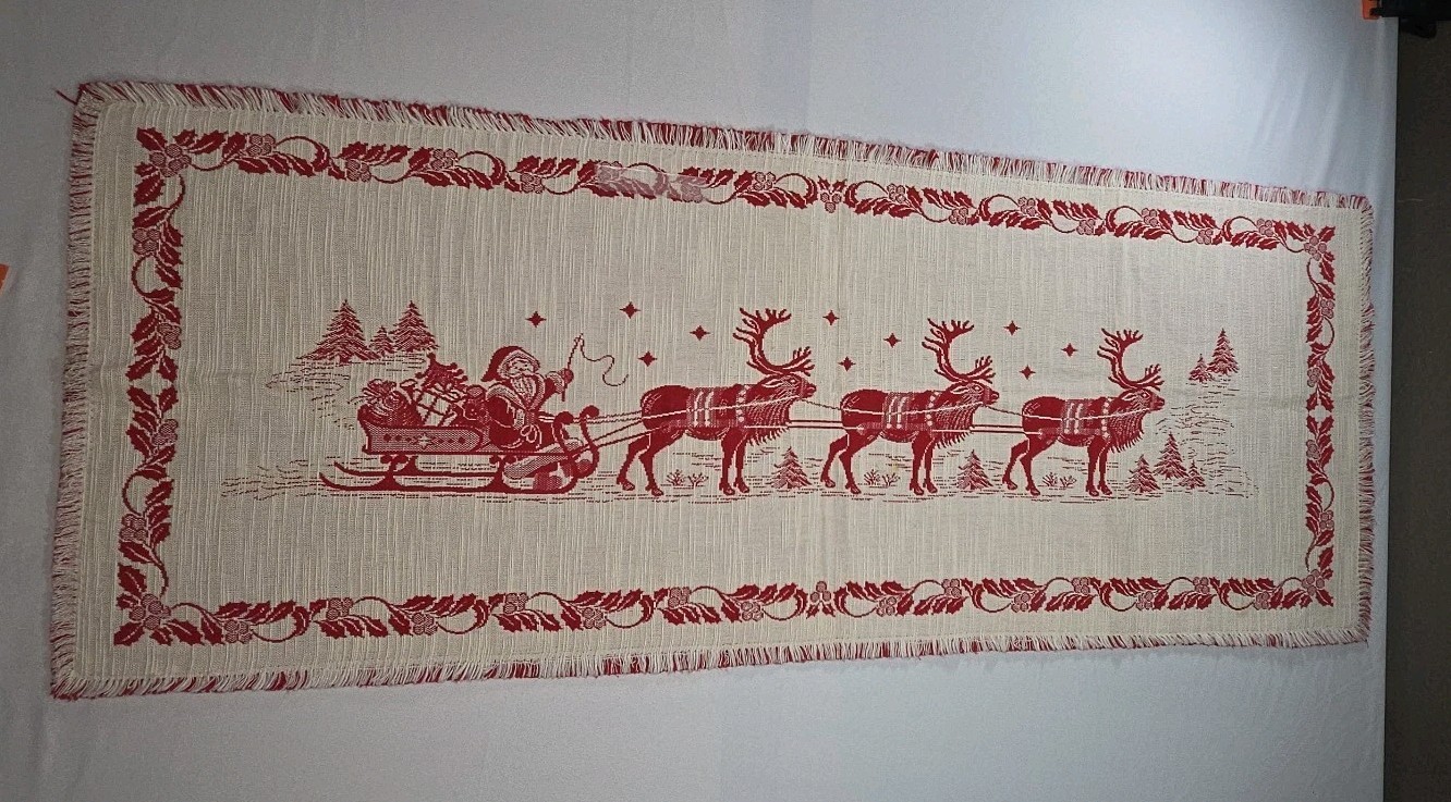 Vtg Christmas Table Runner 41” X 16” Santa W/ His Sleigh & Reindeer Red & White Vtg Christmas Table Runner 41” X 16” Santa W/ His Sleigh & Reindeer Red & White