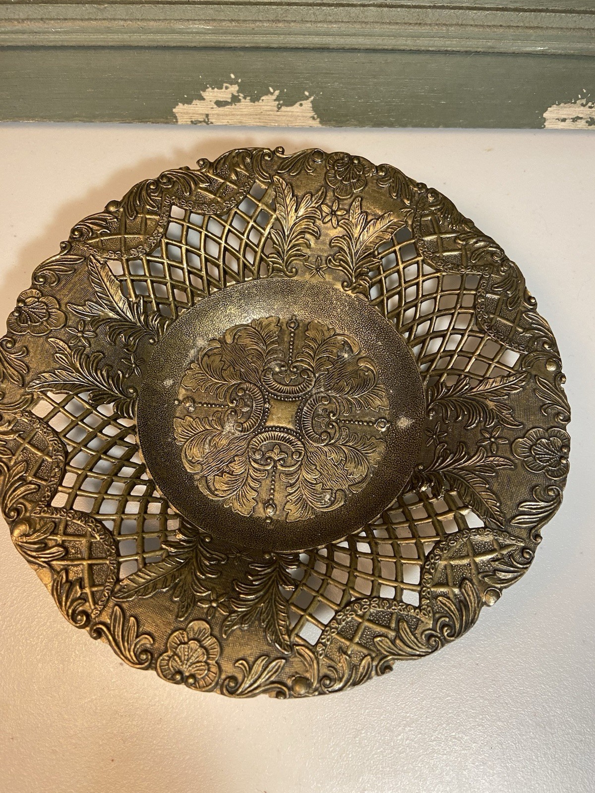 Vintage Brass Metal Ornate Lattice Bowl CTI Made In ITALY 7.5” X 1.75”