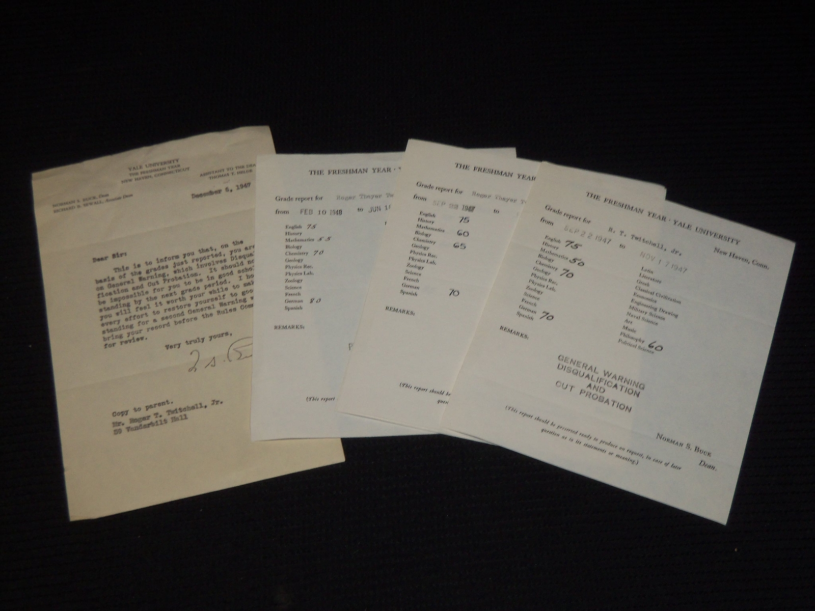 194-1948 YALE UNIVERSITY STUDENT GRADE REPORTS & LETTER - 4 REPORTS - K 572