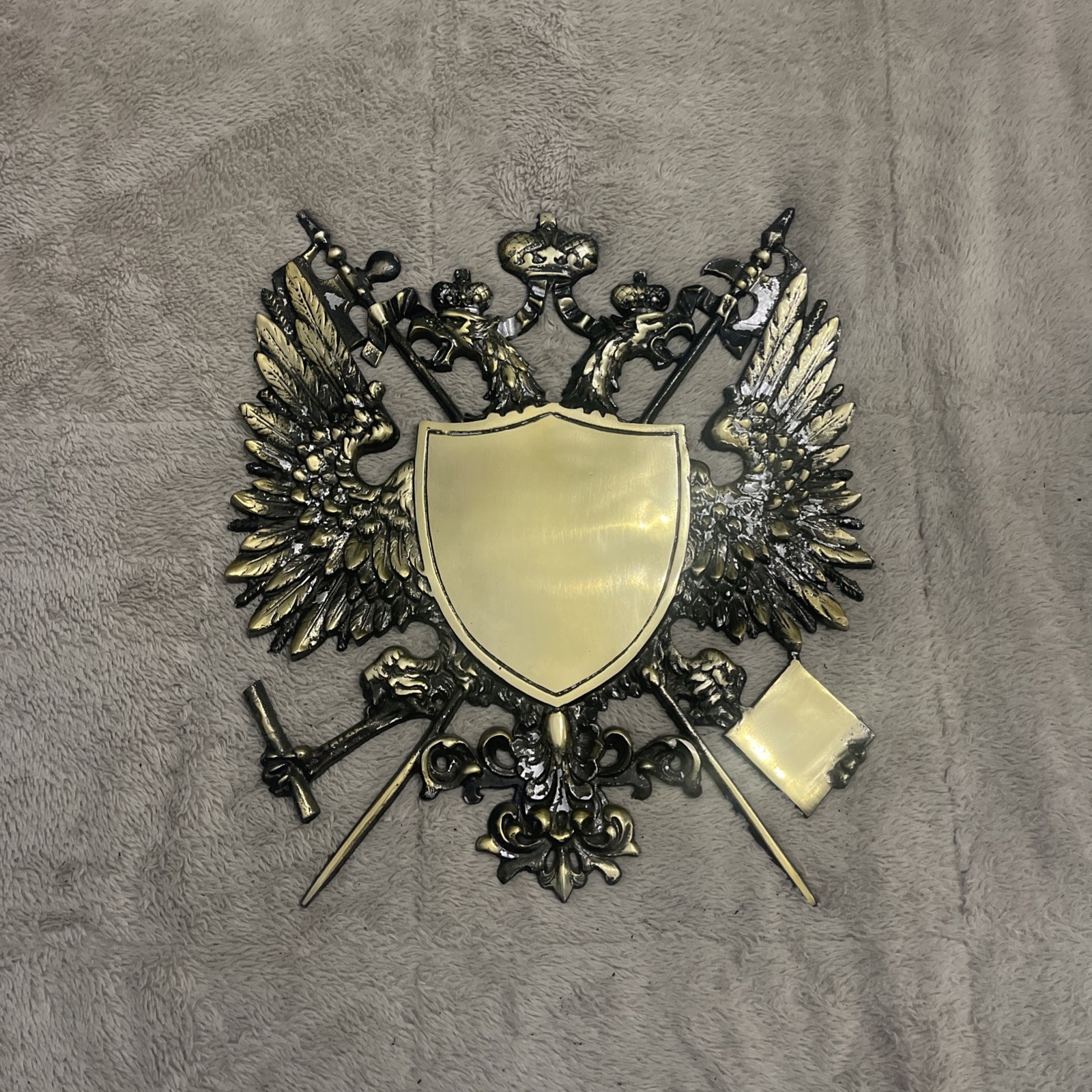 Mid Century German Nordic Heraldry Large Brass Coat of Arms Wall Plaque