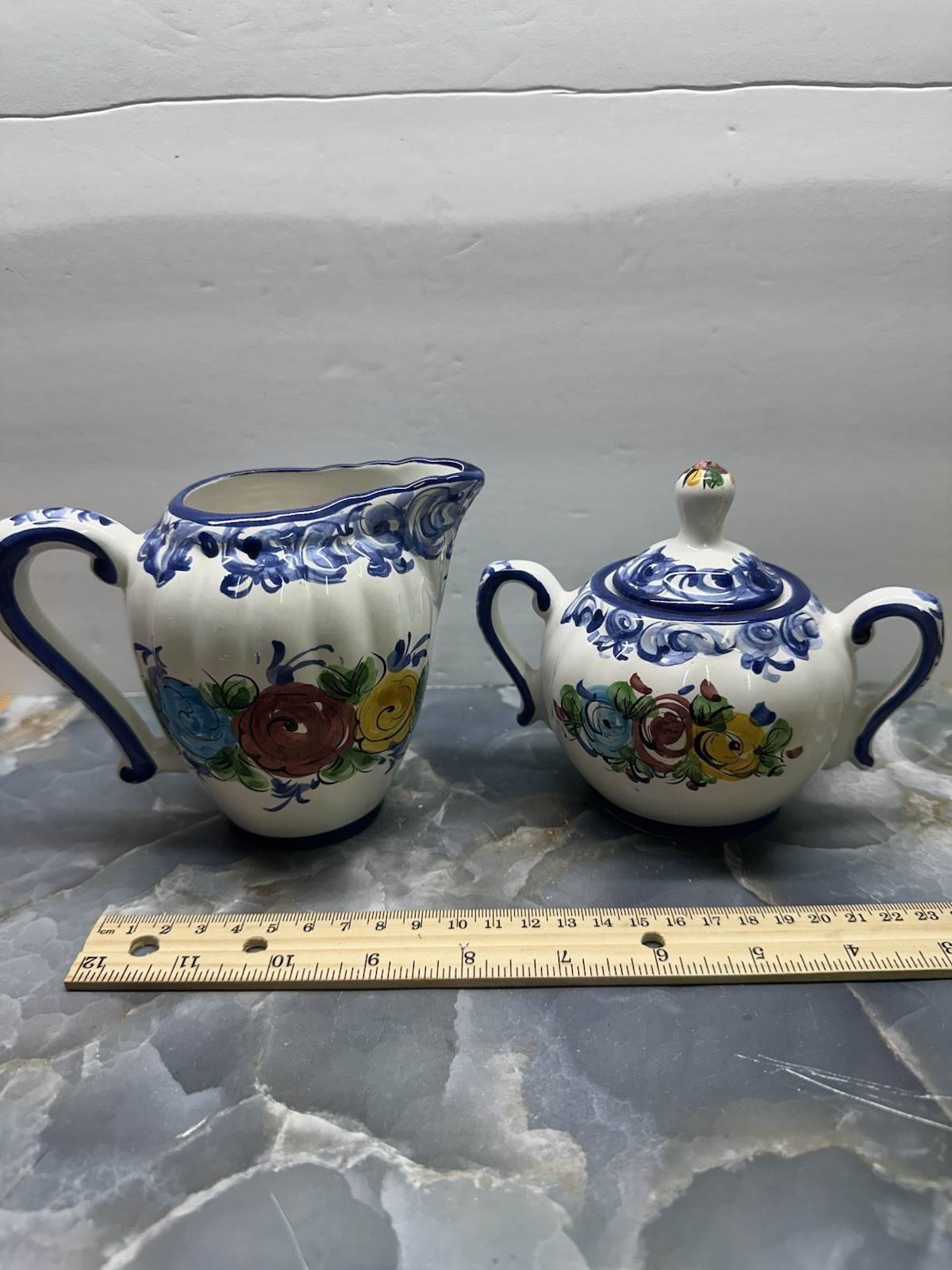 Porta Hand Painted Cream & Sugar Bowl Portugal Blue & White Floral Design Vestal