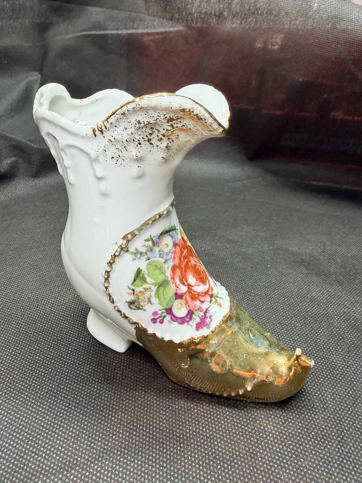 Vintage Porcelain Decorative Boot with Floral print and gold accents Vintage Porcelain Decorative Boot with Floral print and gold accents